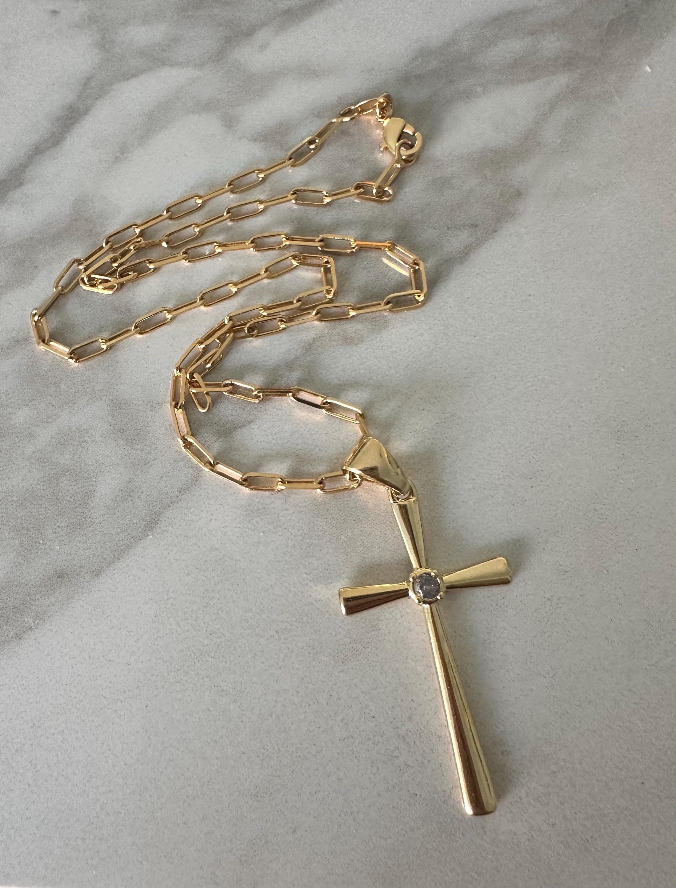 18k Gold Filled CZ Stone Large Cross Paperclip Chain Necklace