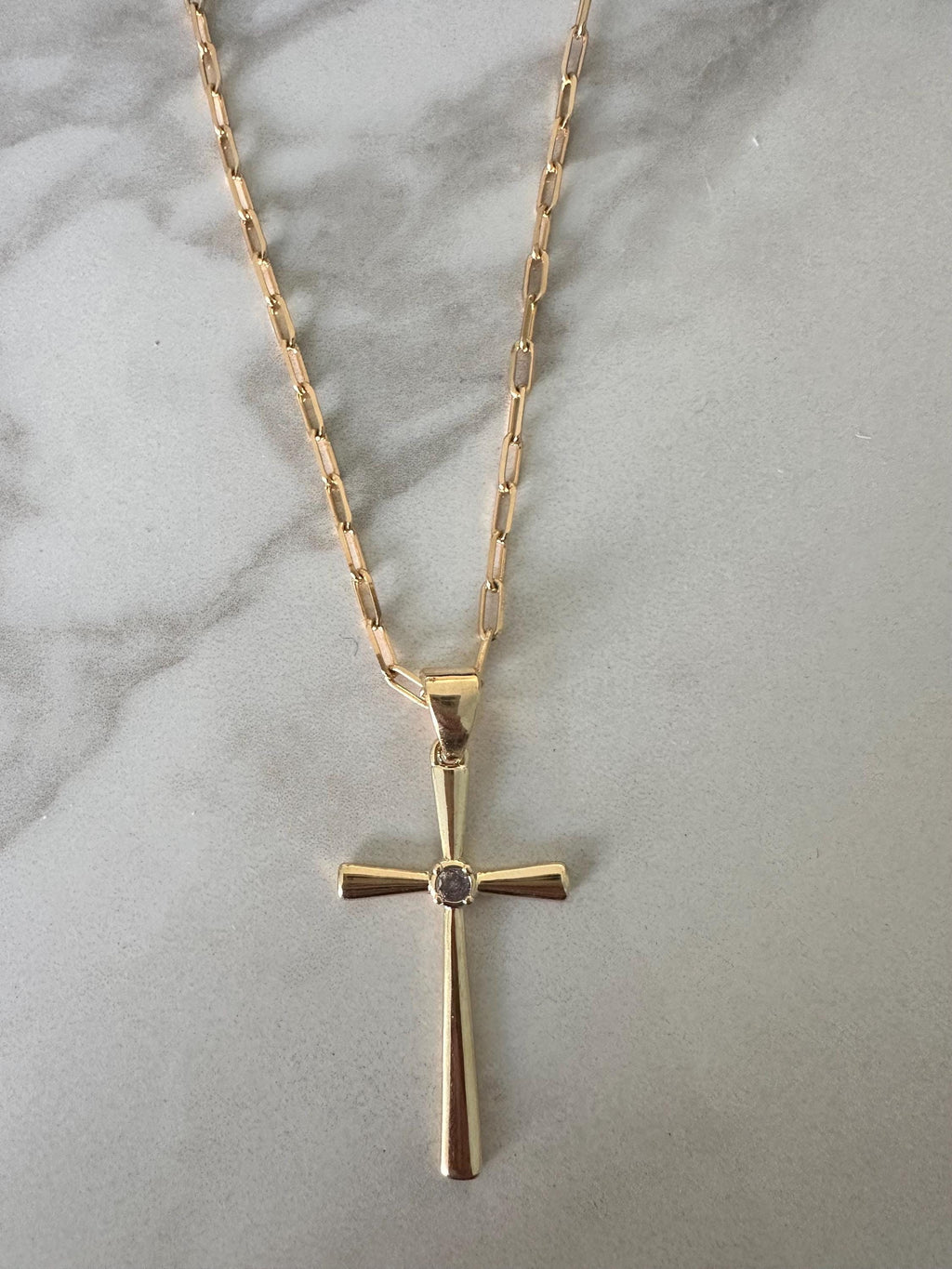 18k Gold Filled CZ Stone Large Cross Paperclip Chain Necklace