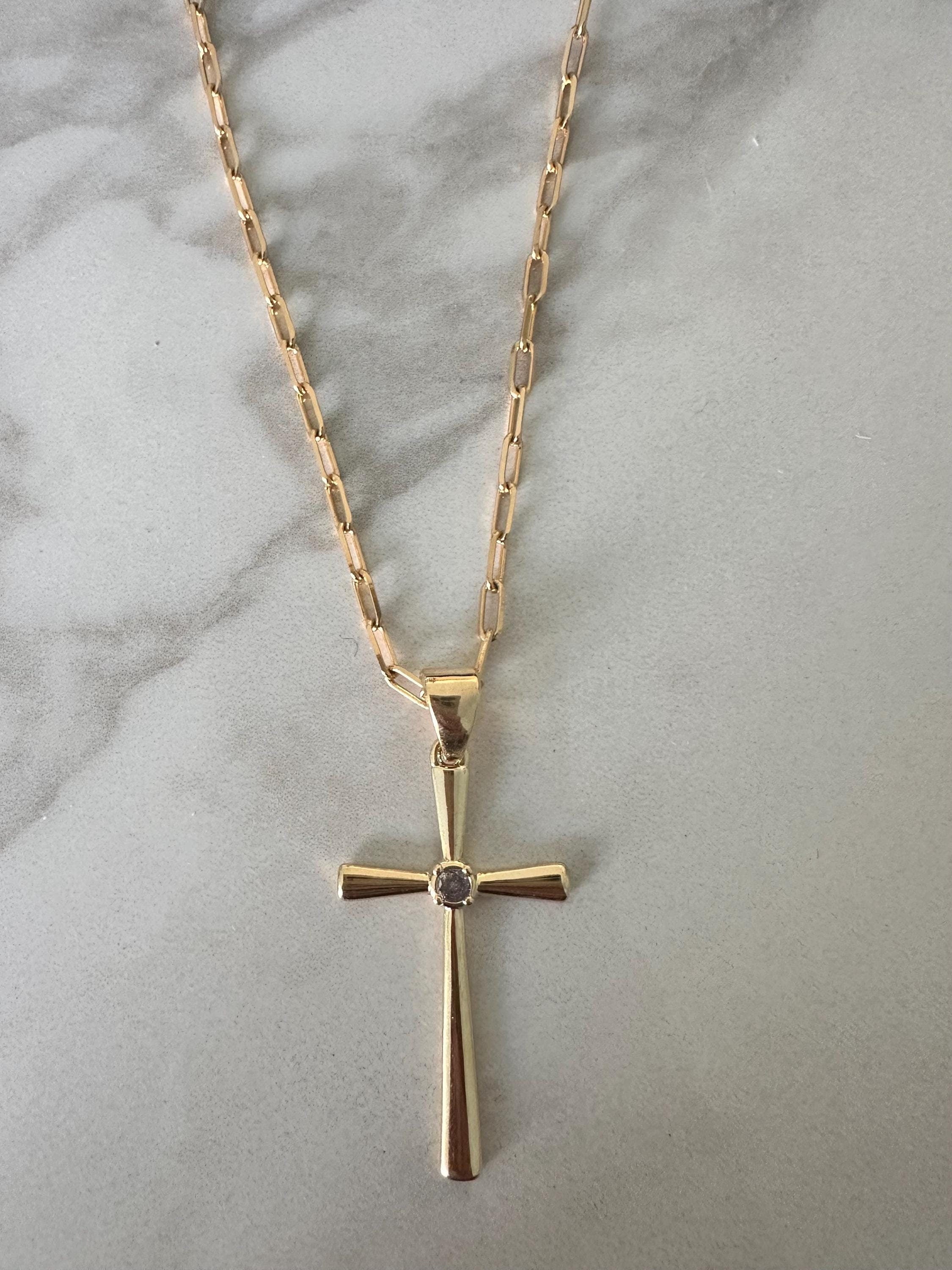 18k Gold Filled CZ Stone Large Cross Paperclip Chain Necklace