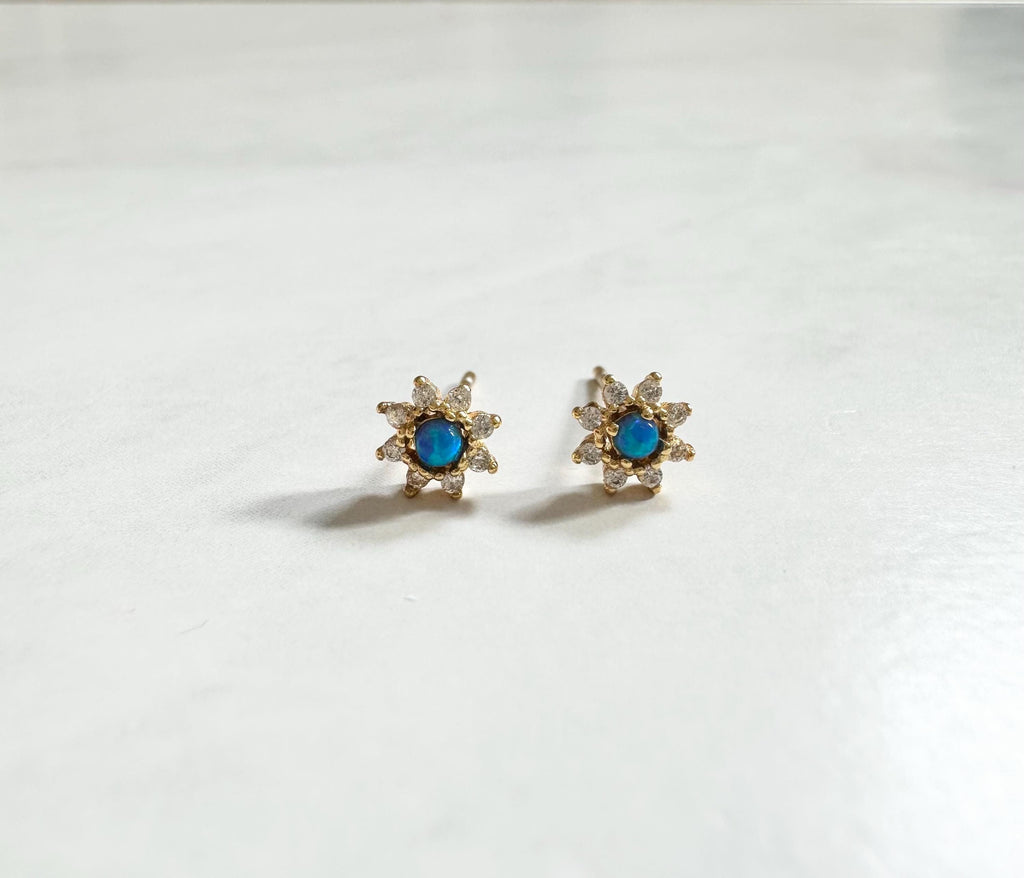 Blue Opal Flower Stud Earrings: Gold Plated CZ