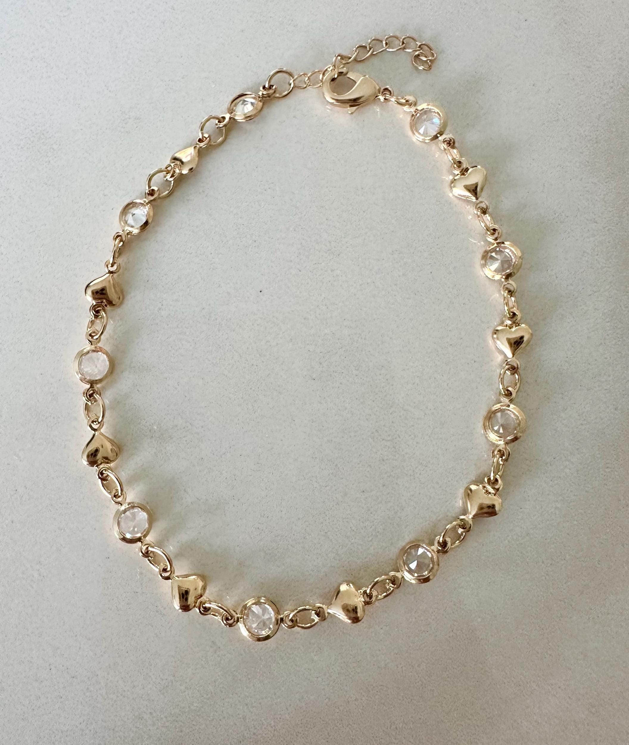 18k Gold Filled Heart CZ Bracelet: Dainty Chain Valentines Day