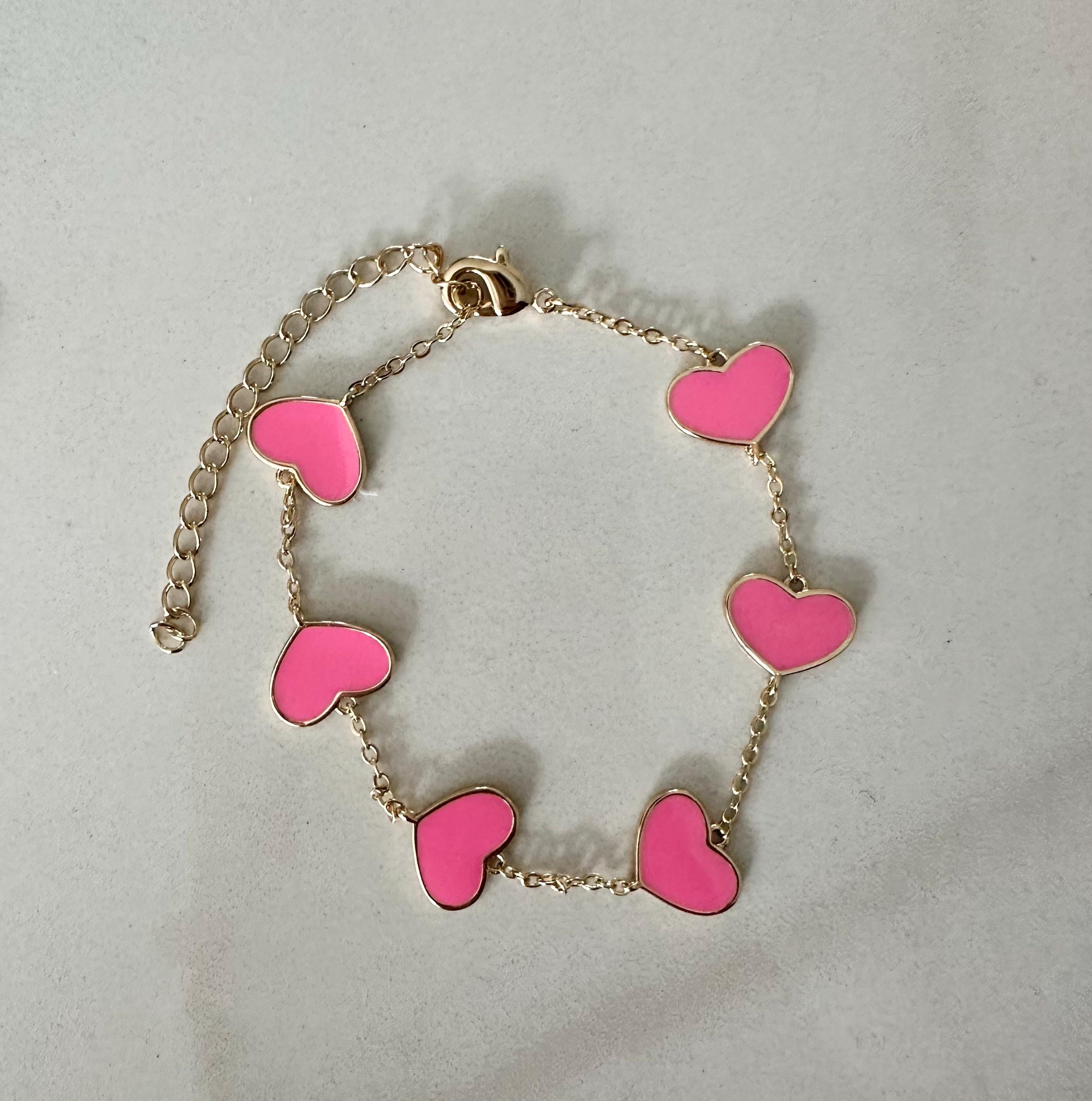 18k gold filled Enamel Pink Heart Chain Bracelet, Dainty Bracelet Valentines Day