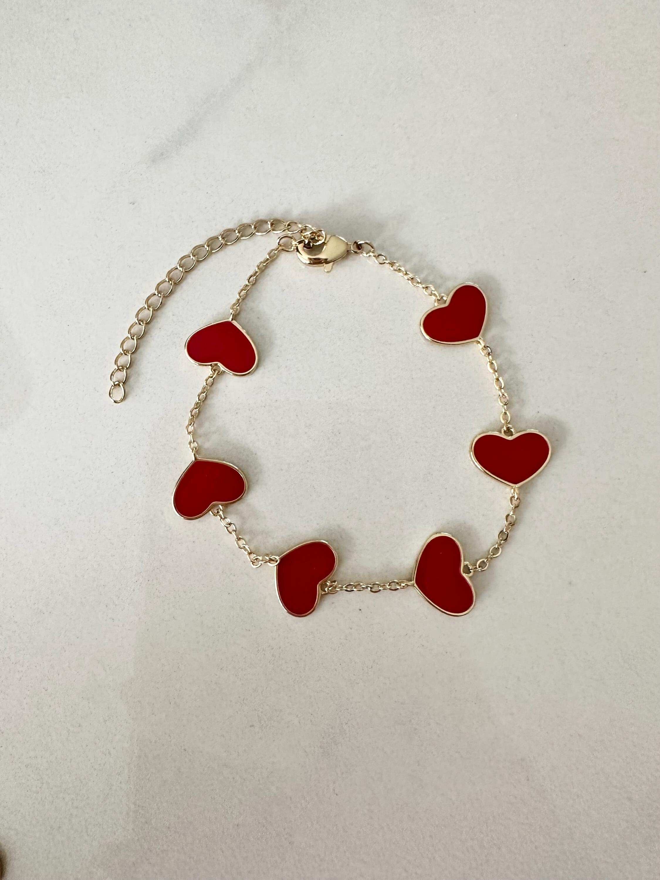 18k Gold Filled Red Enamel Heart Chain Bracelet