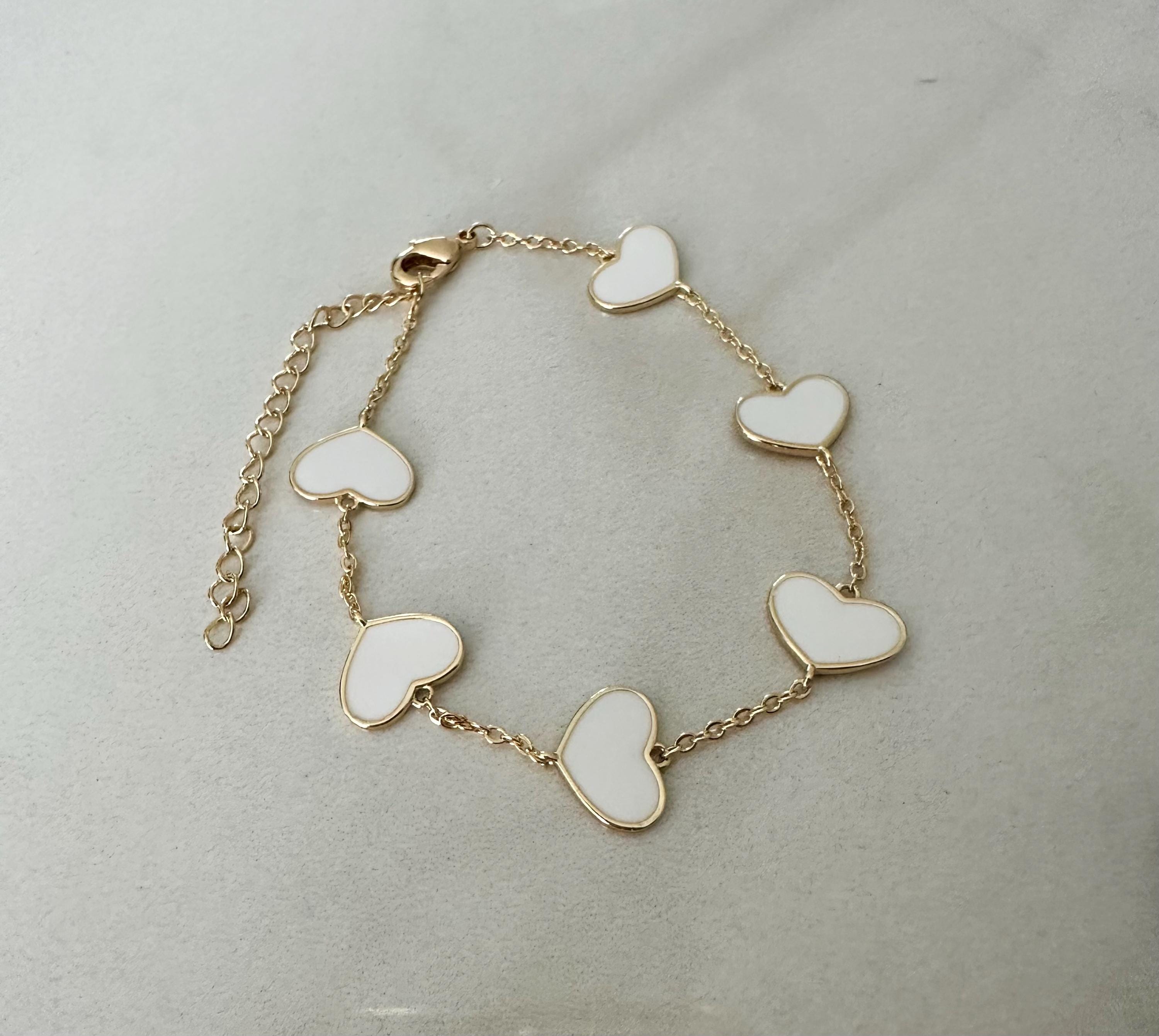 18k gold filled Enamel White Heart Chain Bracelet, Dainty Bracelet Valentines Day