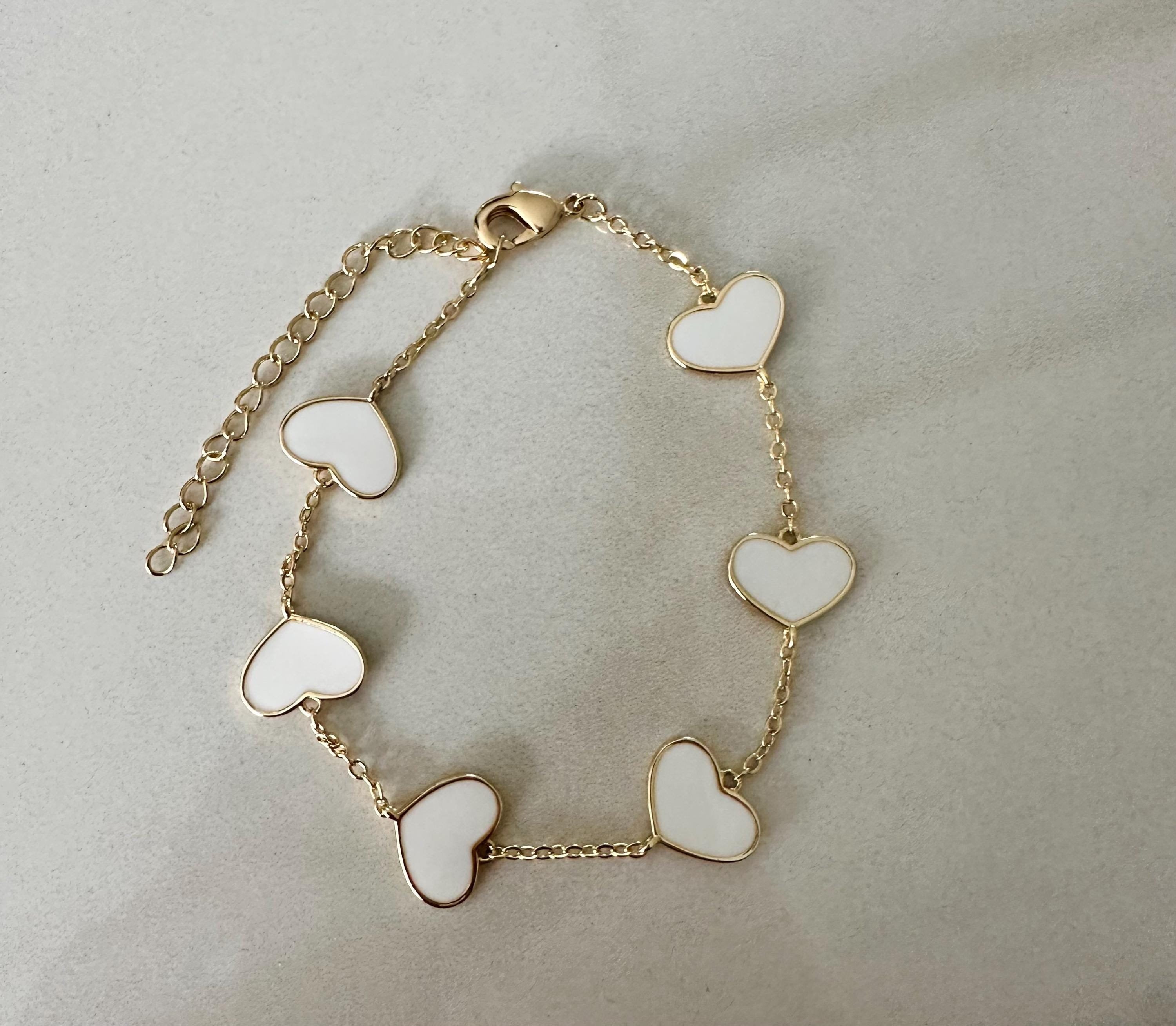 18k gold filled Enamel White Heart Chain Bracelet, Dainty Bracelet Valentines Day