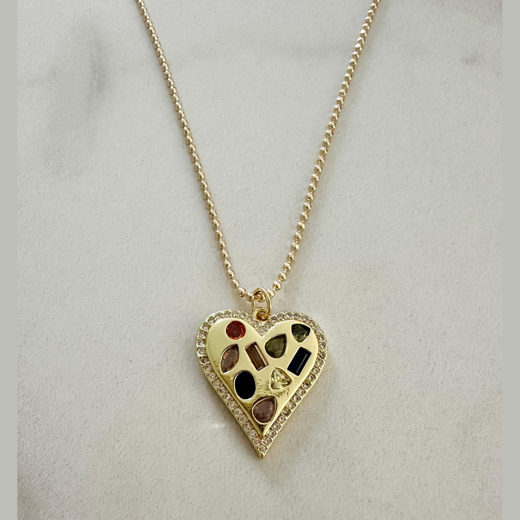 Gold Heart Necklace, Multicolored CZ Gemstone, Statement Jewelry