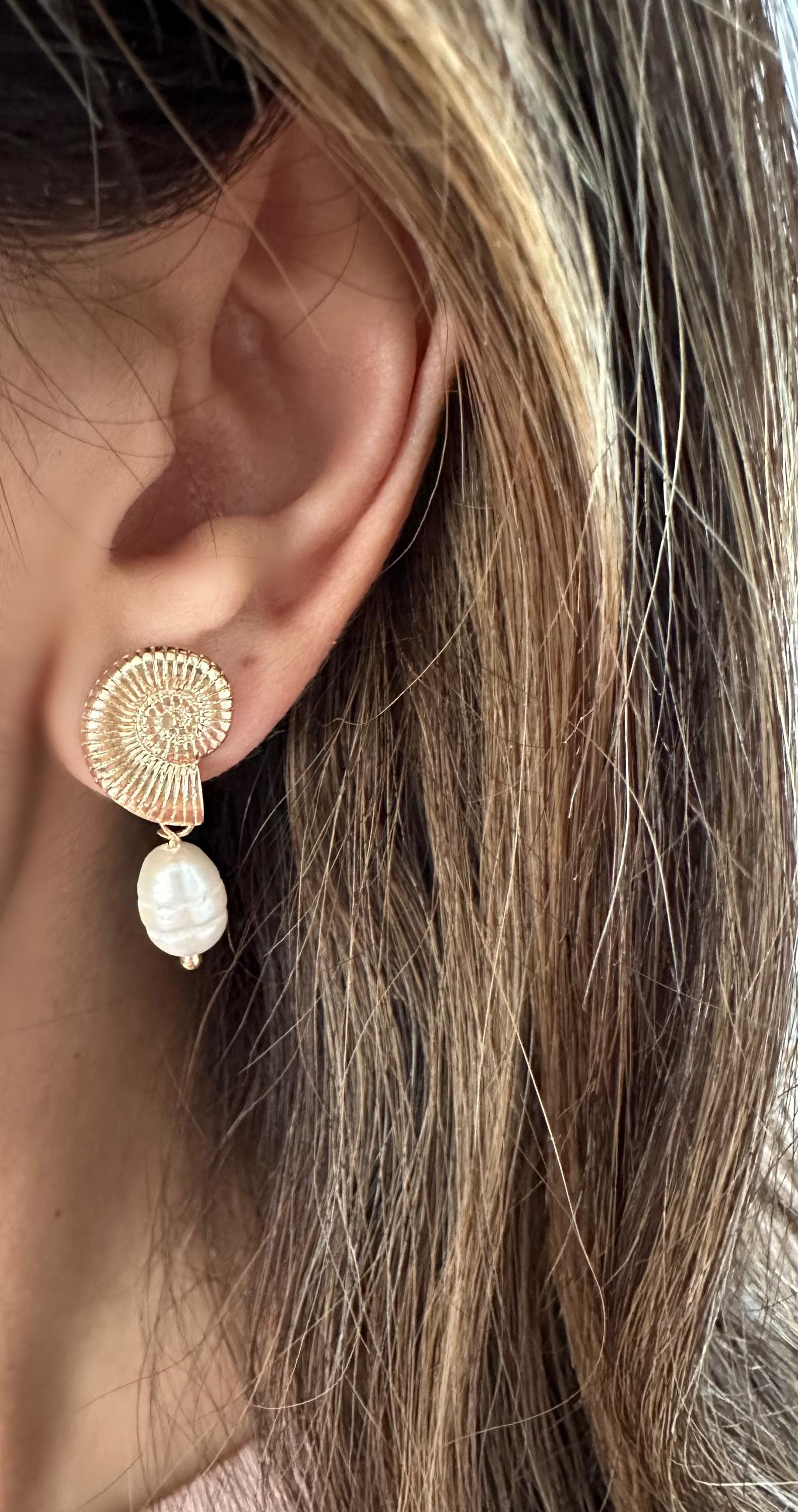 Gold Shell Dangle Earrings: Freshwater Pearl, 18k Gold Filled