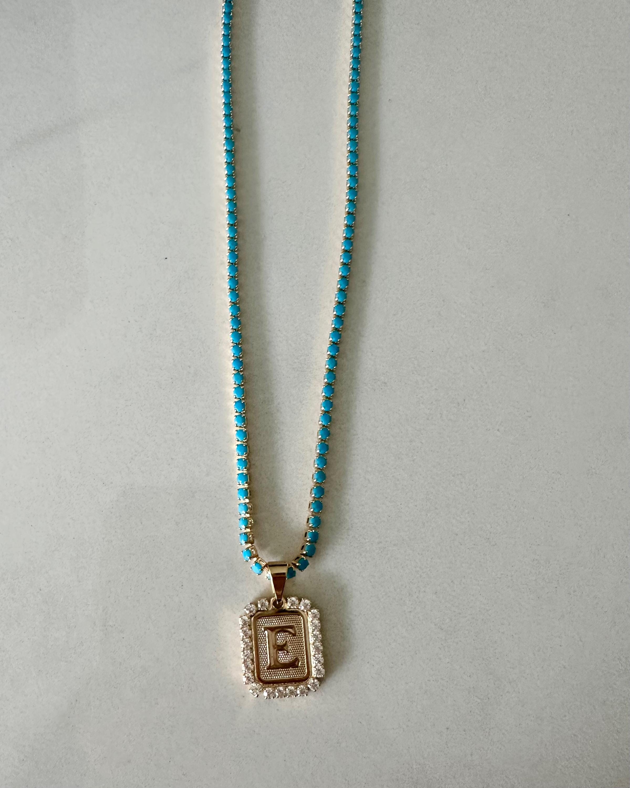 Turquoise Tennis Necklace with Initial CZ Charm, Initial Pendant, Personalized Jewelry