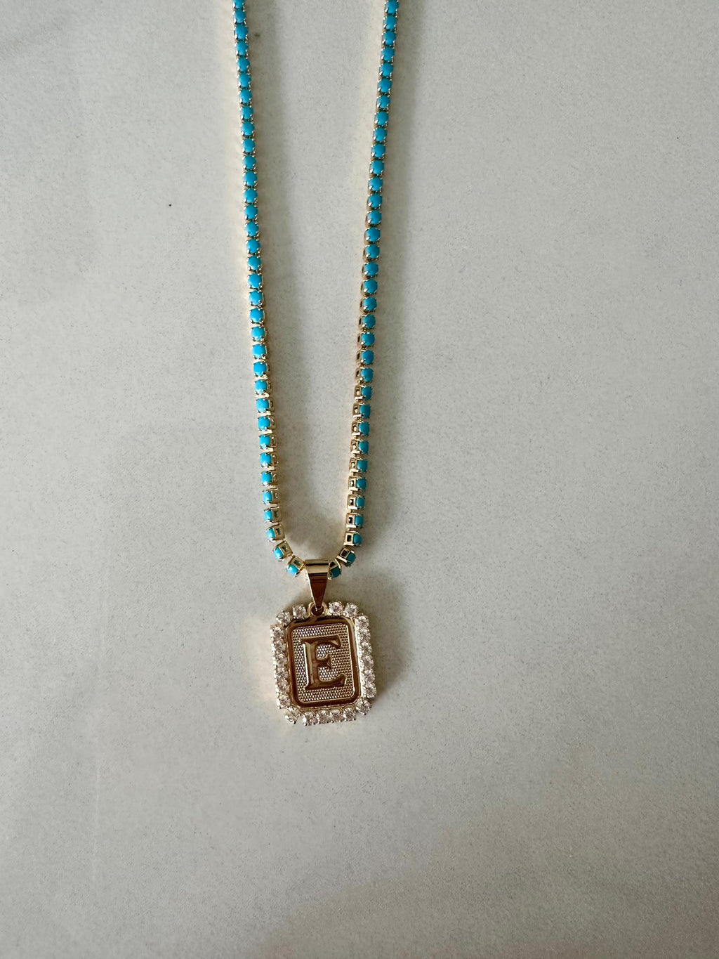 Turquoise Tennis Necklace with Initial CZ Charm, Initial Pendant, Personalized Jewelry
