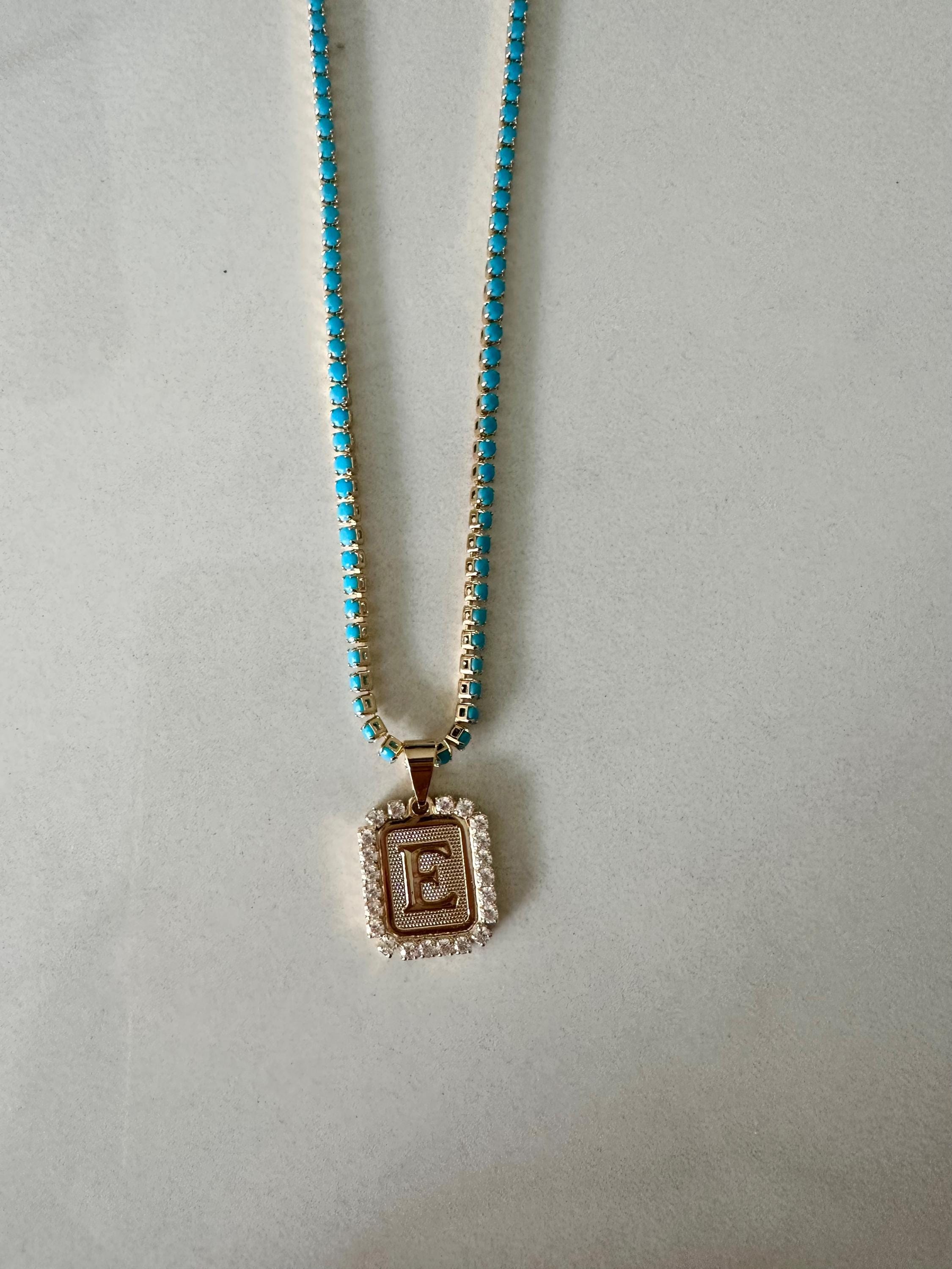 Turquoise Tennis Necklace with Initial CZ Charm, Initial Pendant, Personalized Jewelry