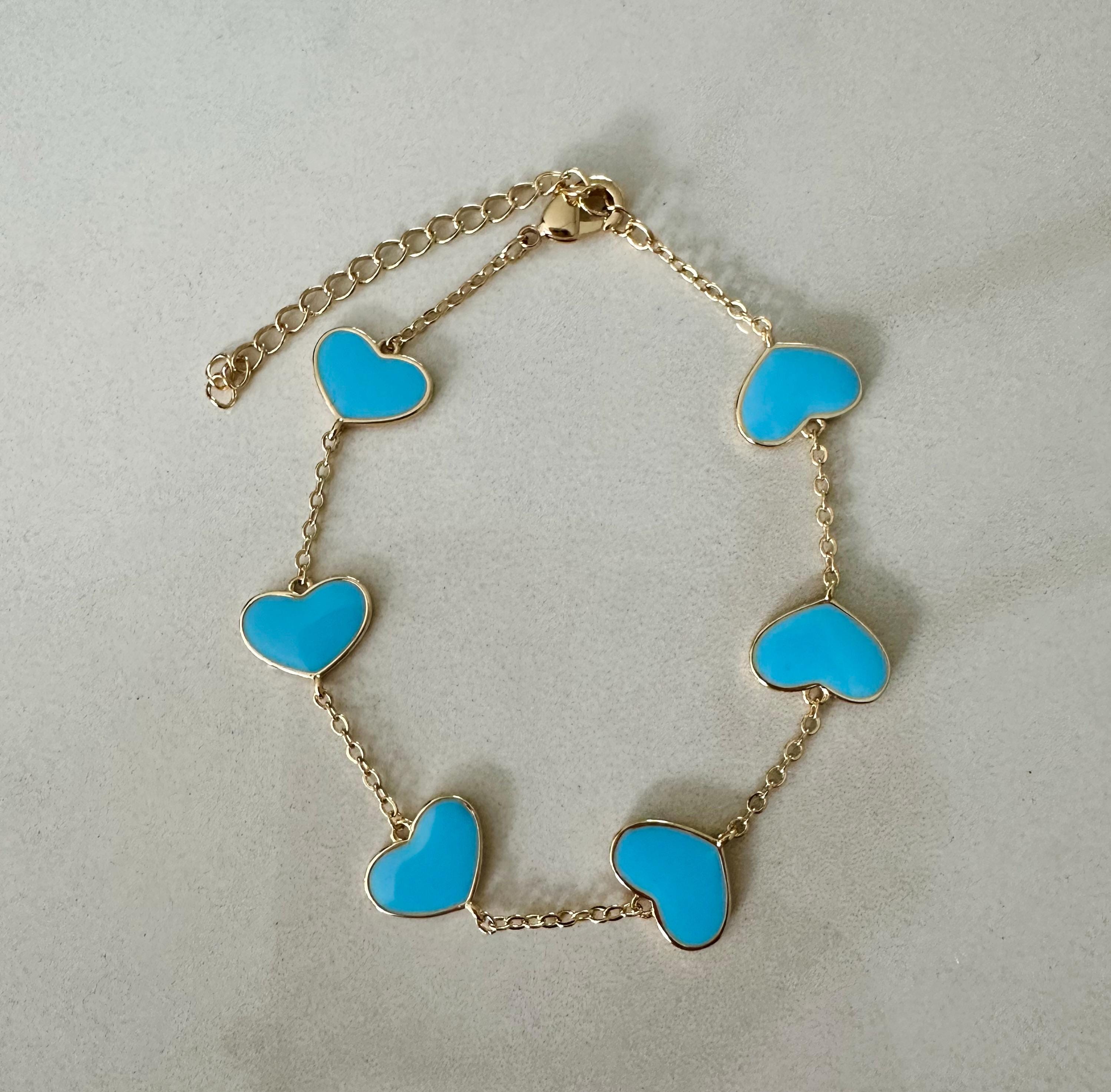 18k gold filled Enamel Light Blue Heart Chain Bracelet, Dainty Bracelet Valentines Day
