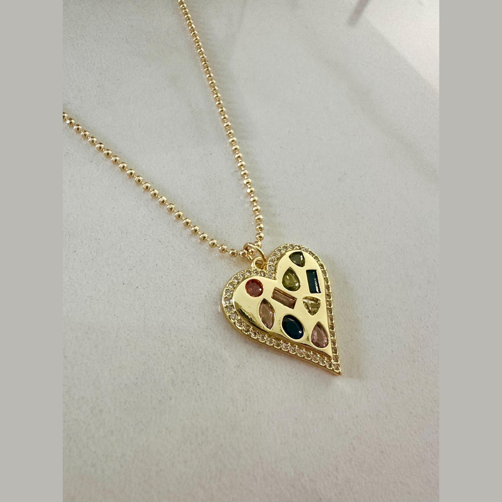 Gold Heart Necklace, Multicolored CZ Gemstone, Statement Jewelry