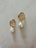 Gold Shell Dangle Earrings: Freshwater Pearl, 18k Gold Filled
