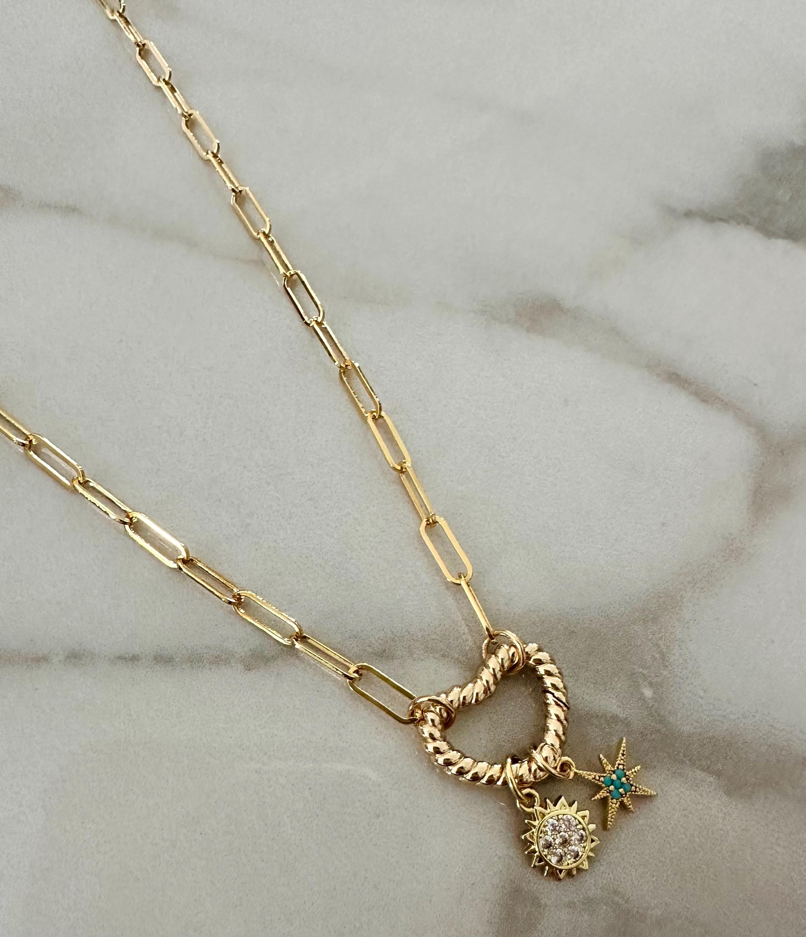 Gold Heart Charm Paperclip Necklace: Sun & Star Charms Valentines Day