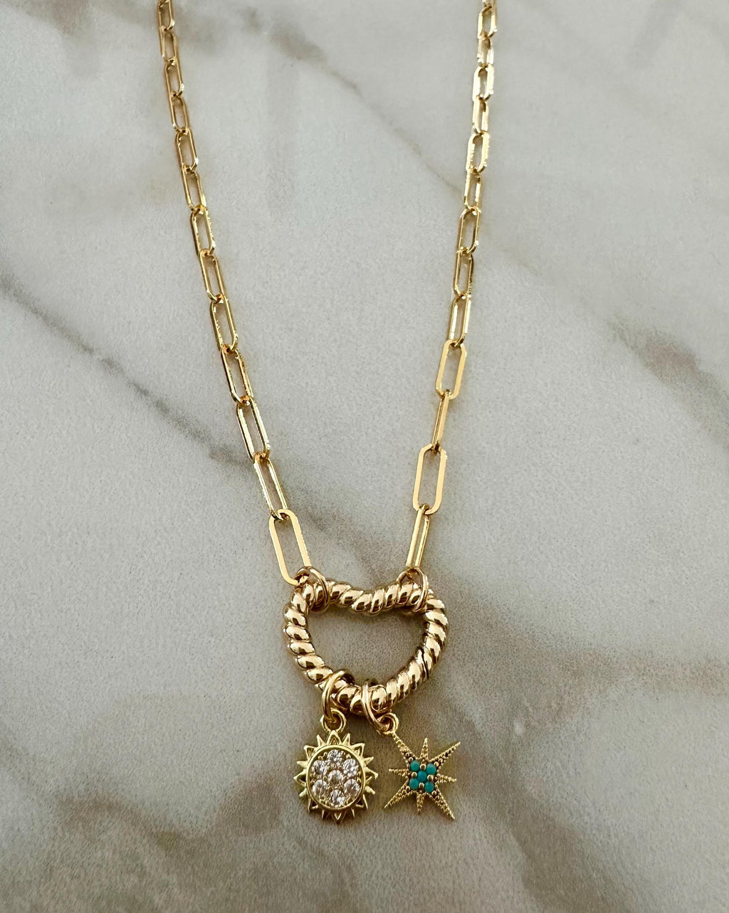 Gold Heart Charm Paperclip Necklace: Sun & Star Charms Valentines Day