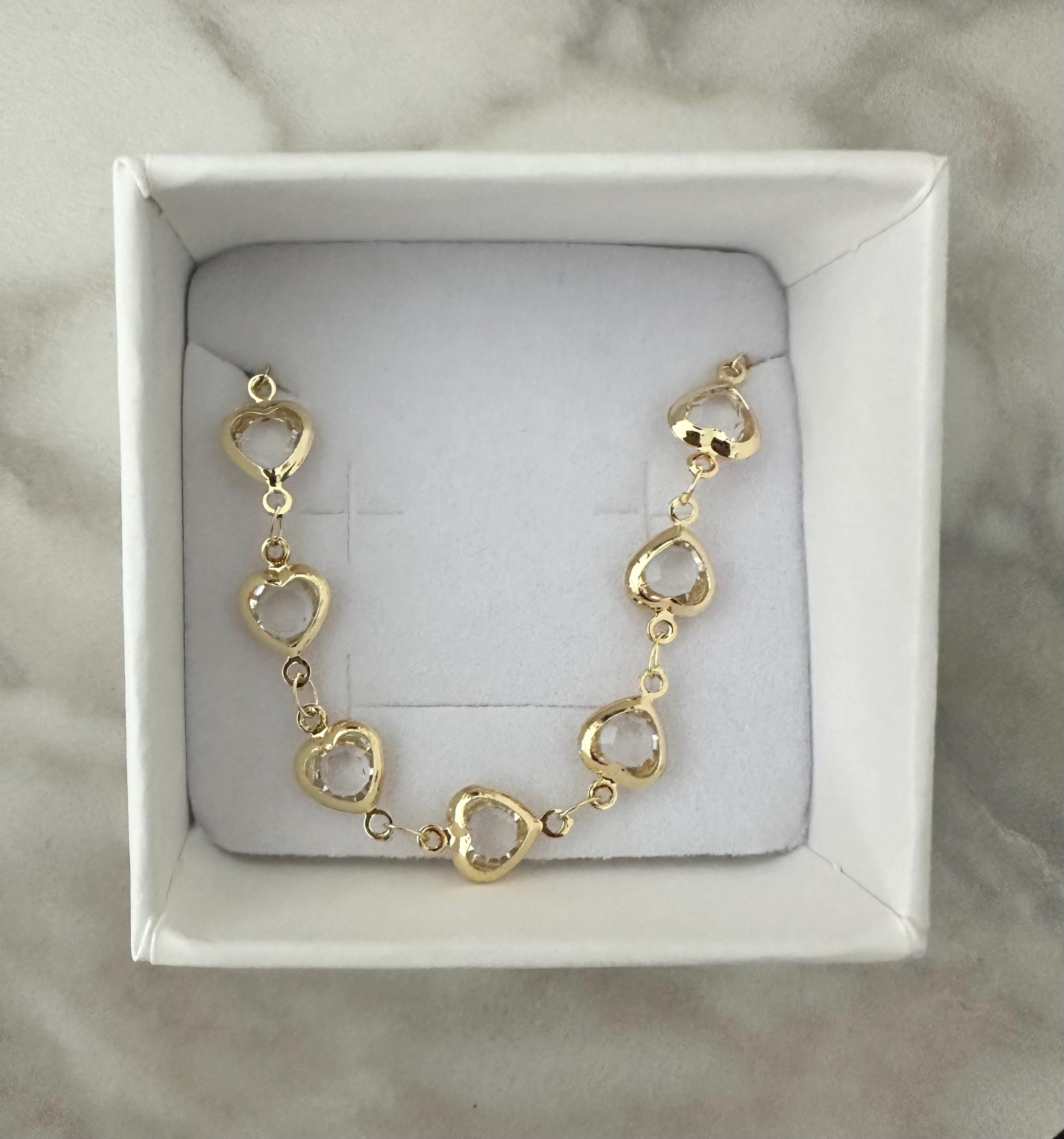 18k Gold Heart Bracelet: Clear CZ Dainty Chain Valentines Day