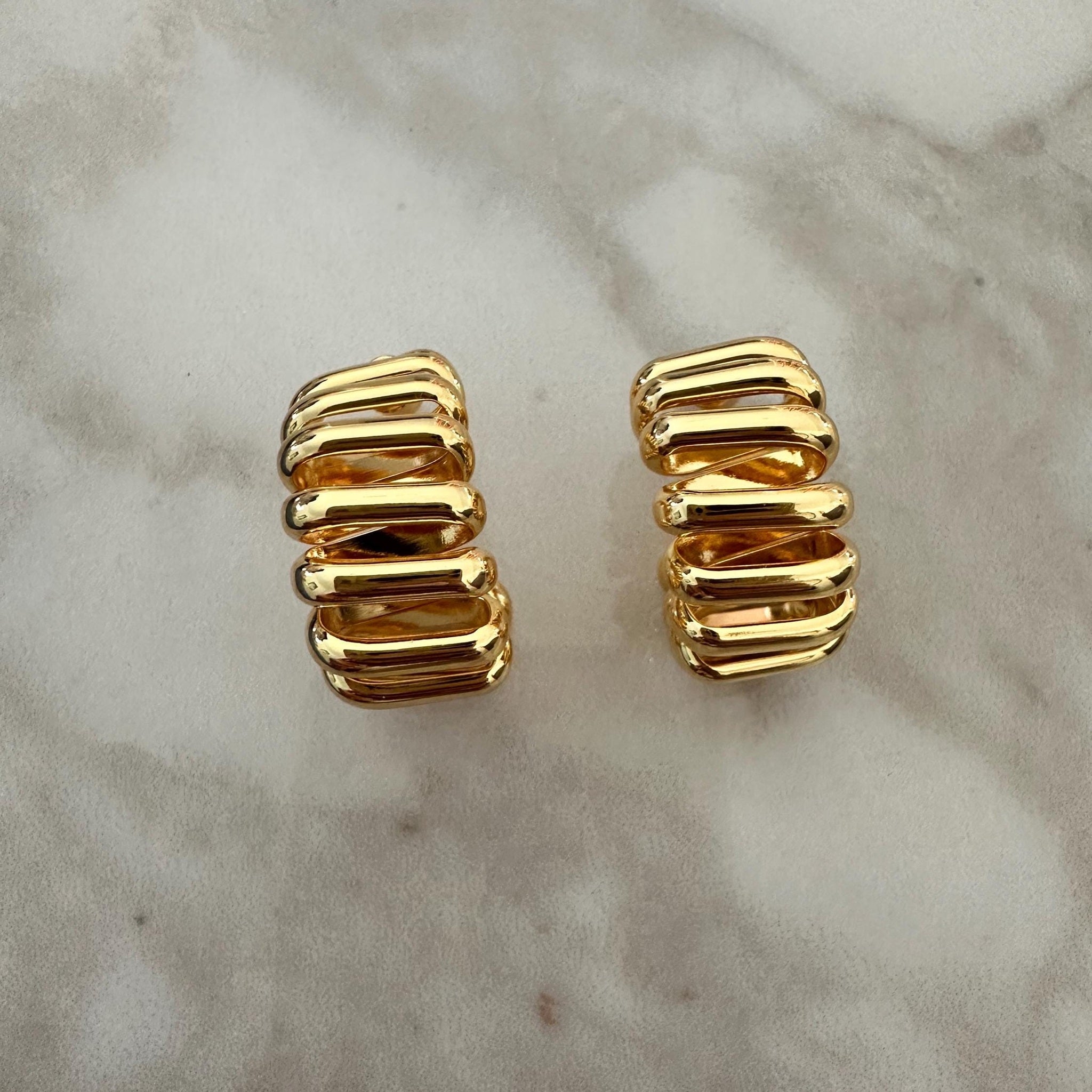 Chunky Gold Plated Ribbed Hoop Earrings, Statement Jewelry