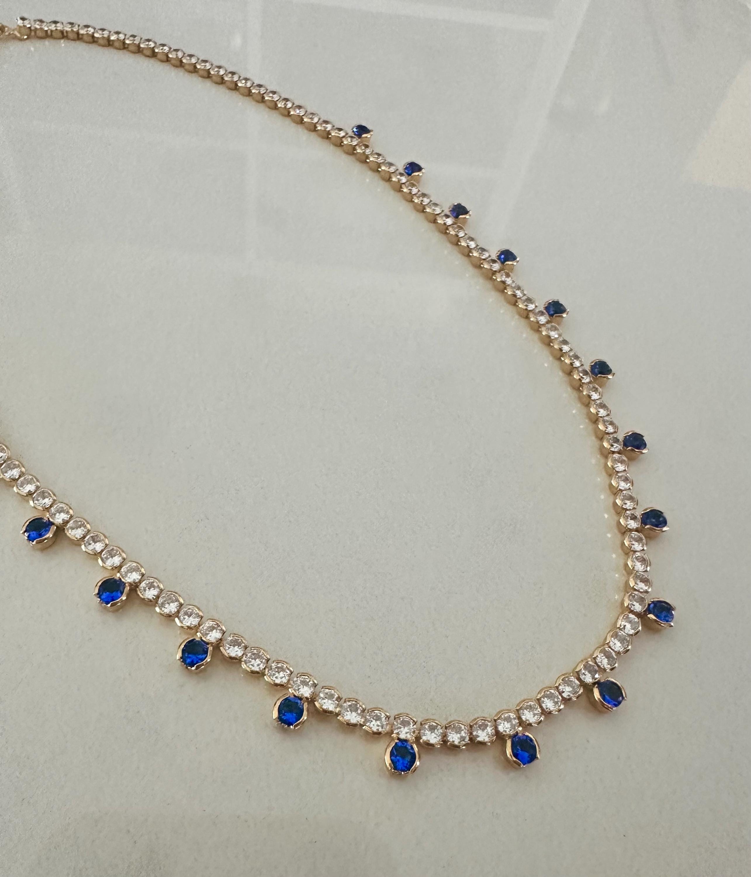 18k Gold Filled Round CZ Royal Blue Drop Tennis Necklace-Statement Necklace, Layering Necklace