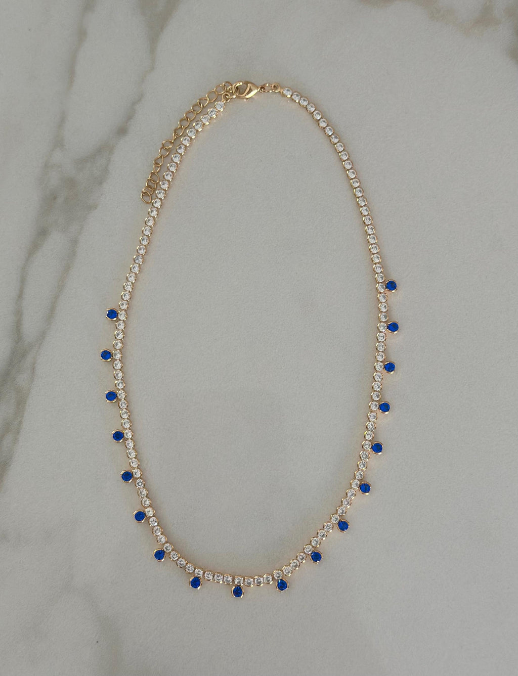 18k Gold Filled Round CZ Royal Blue Drop Tennis Necklace-Statement Necklace, Layering Necklace