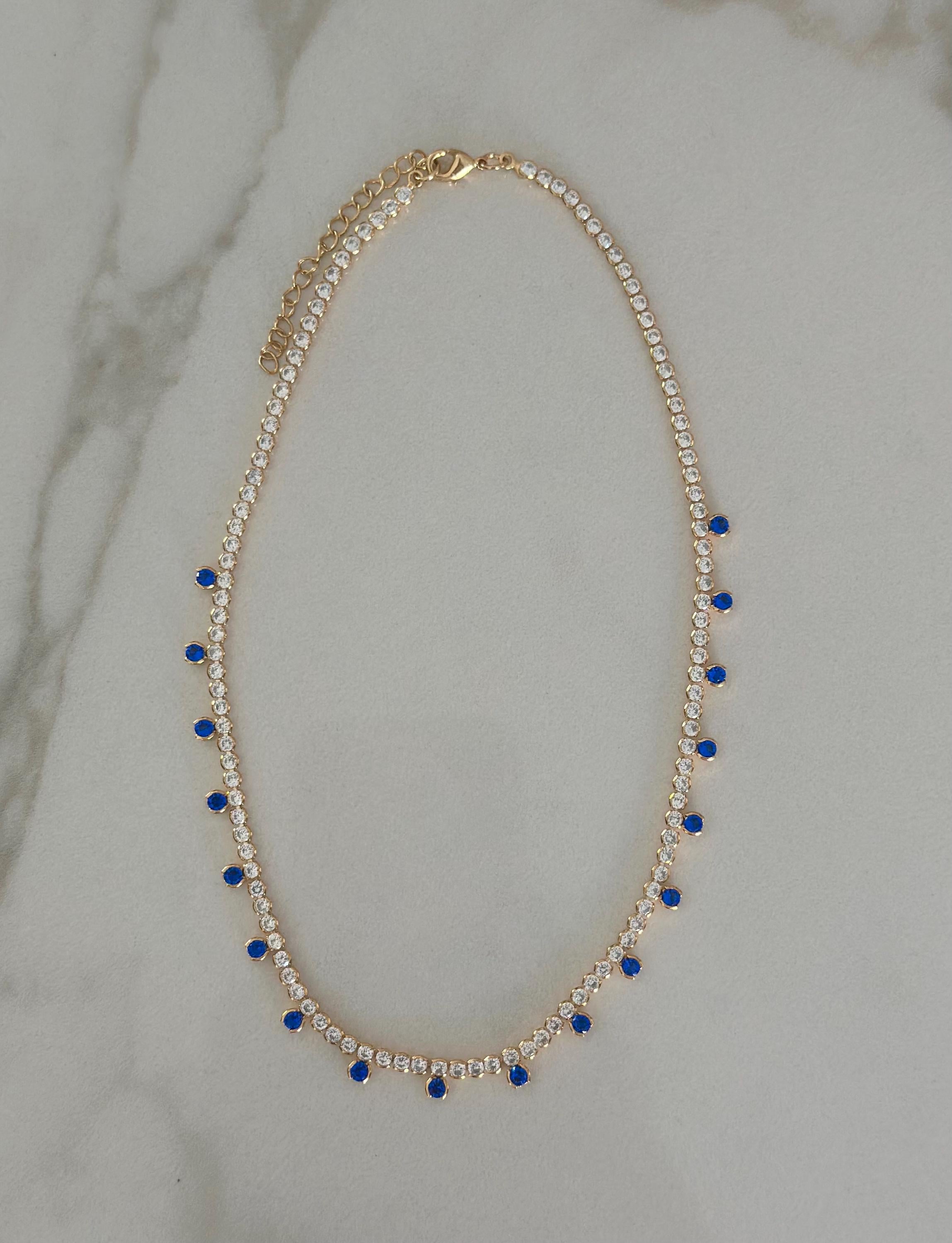 18k Gold Filled Round CZ Royal Blue Drop Tennis Necklace-Statement Necklace, Layering Necklace