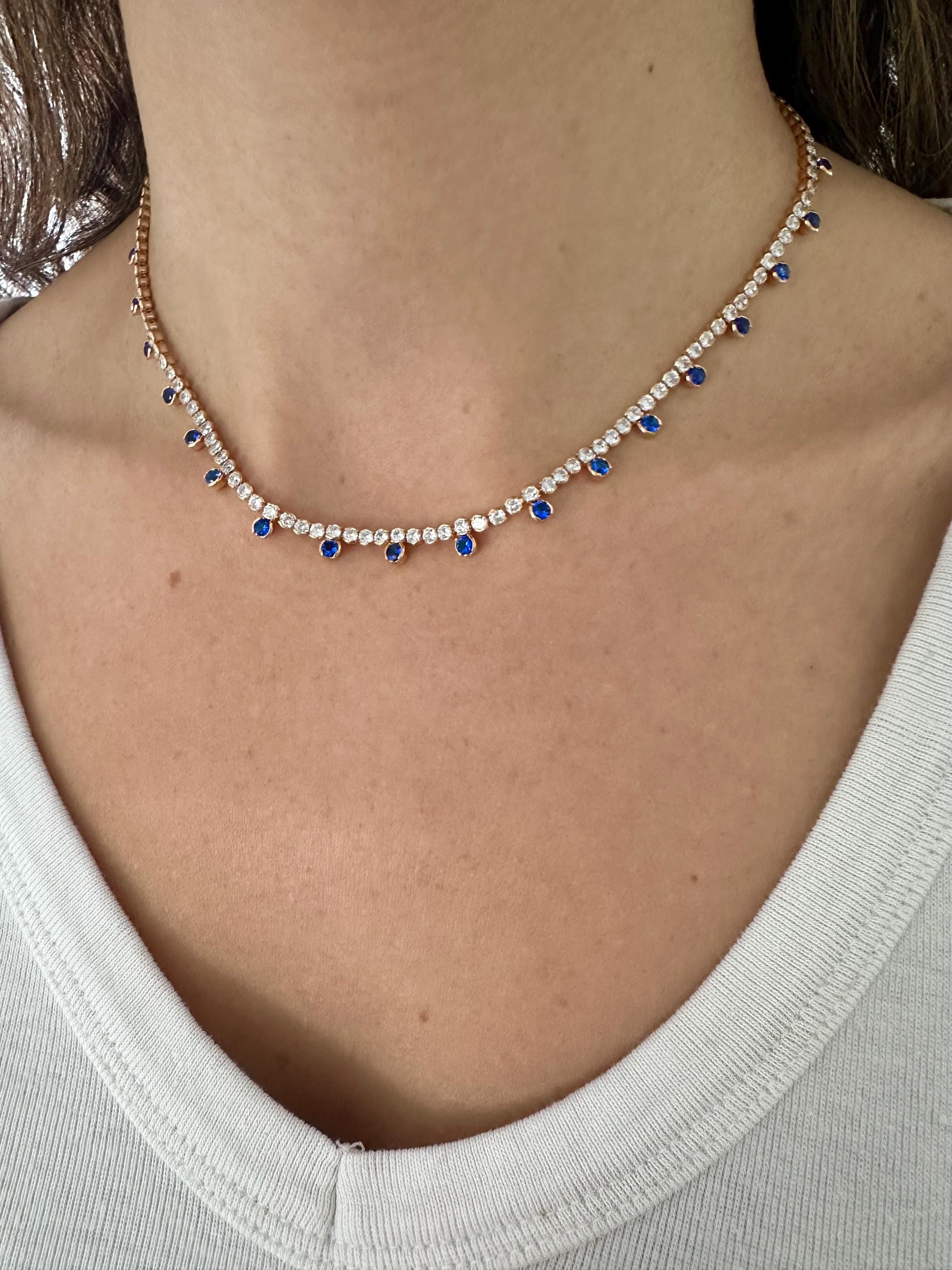 18k Gold Filled Round CZ Royal Blue Drop Tennis Necklace-Statement Necklace, Layering Necklace