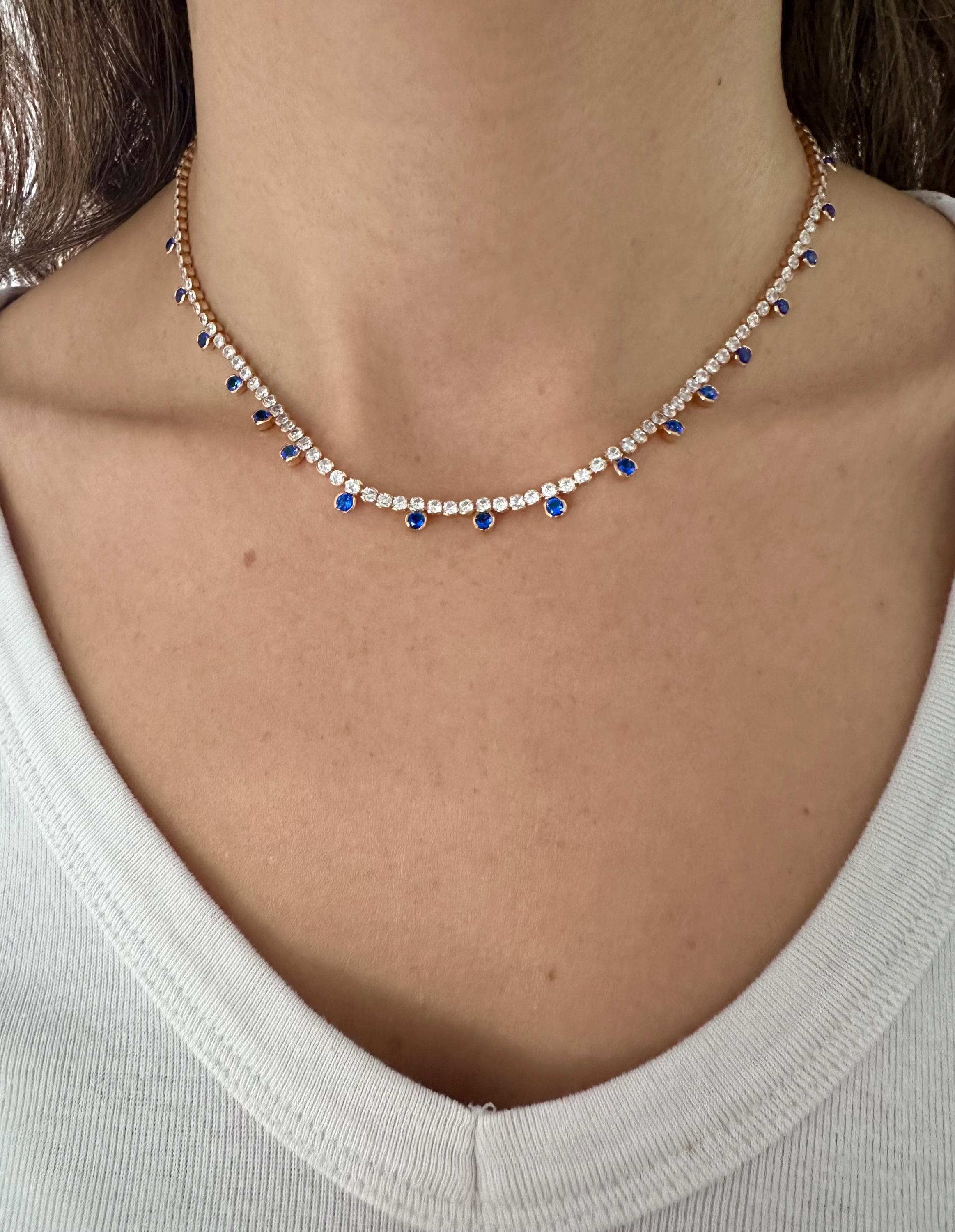18k Gold Filled Round CZ Royal Blue Drop Tennis Necklace-Statement Necklace, Layering Necklace