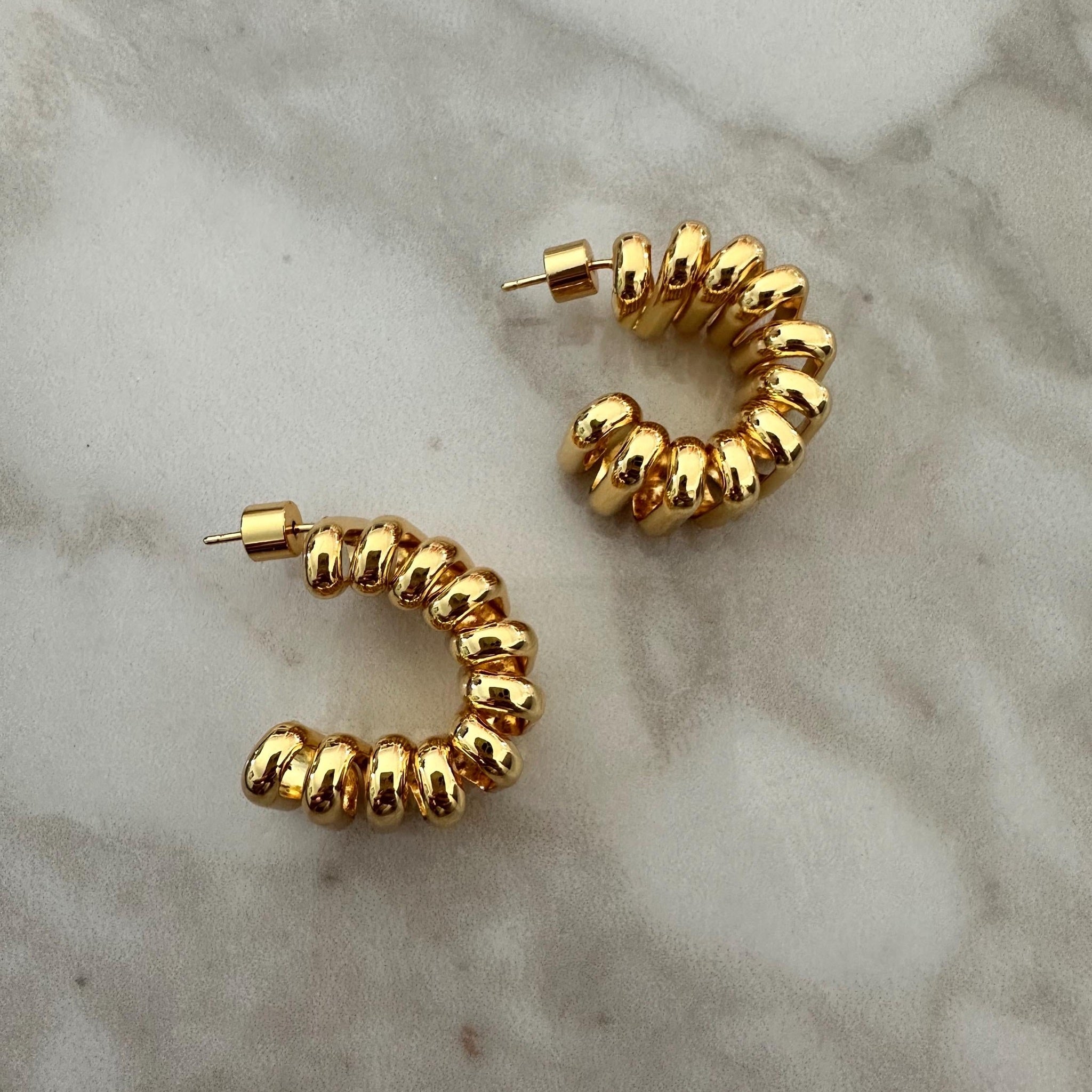 Chunky Gold Plated Ribbed Hoop Earrings, Statement Jewelry
