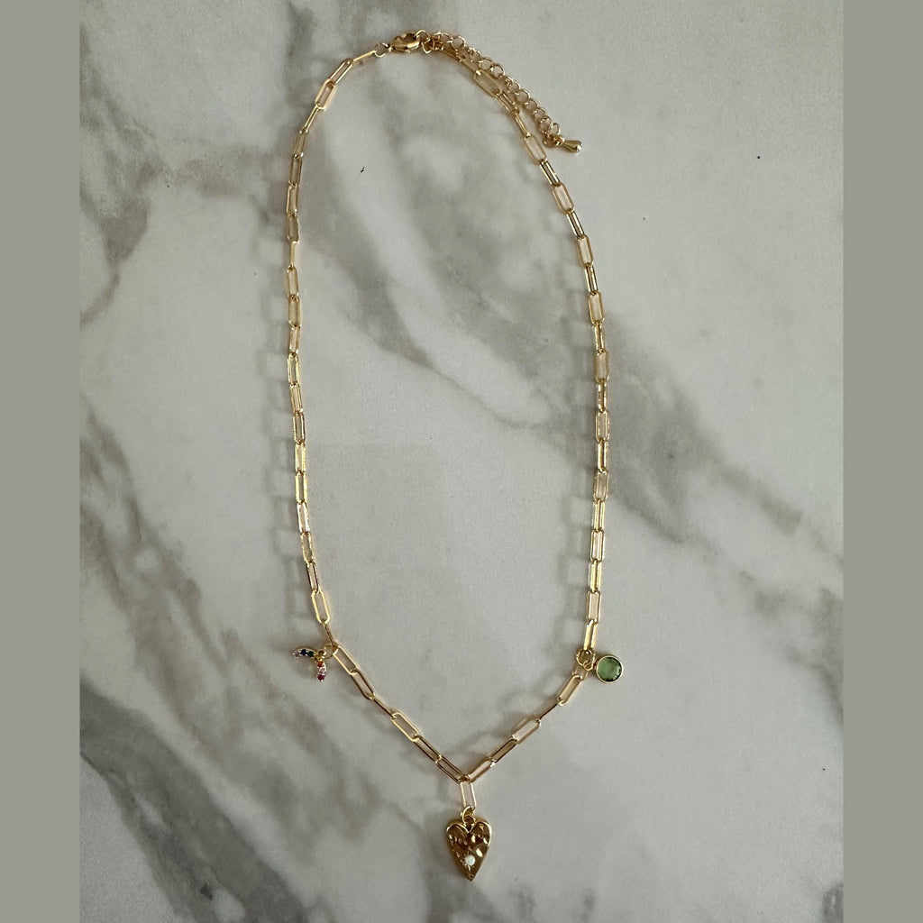 Gold Paperclip Chain Necklace: Rainbow, Heart & Green CZ Charm Valentines Day