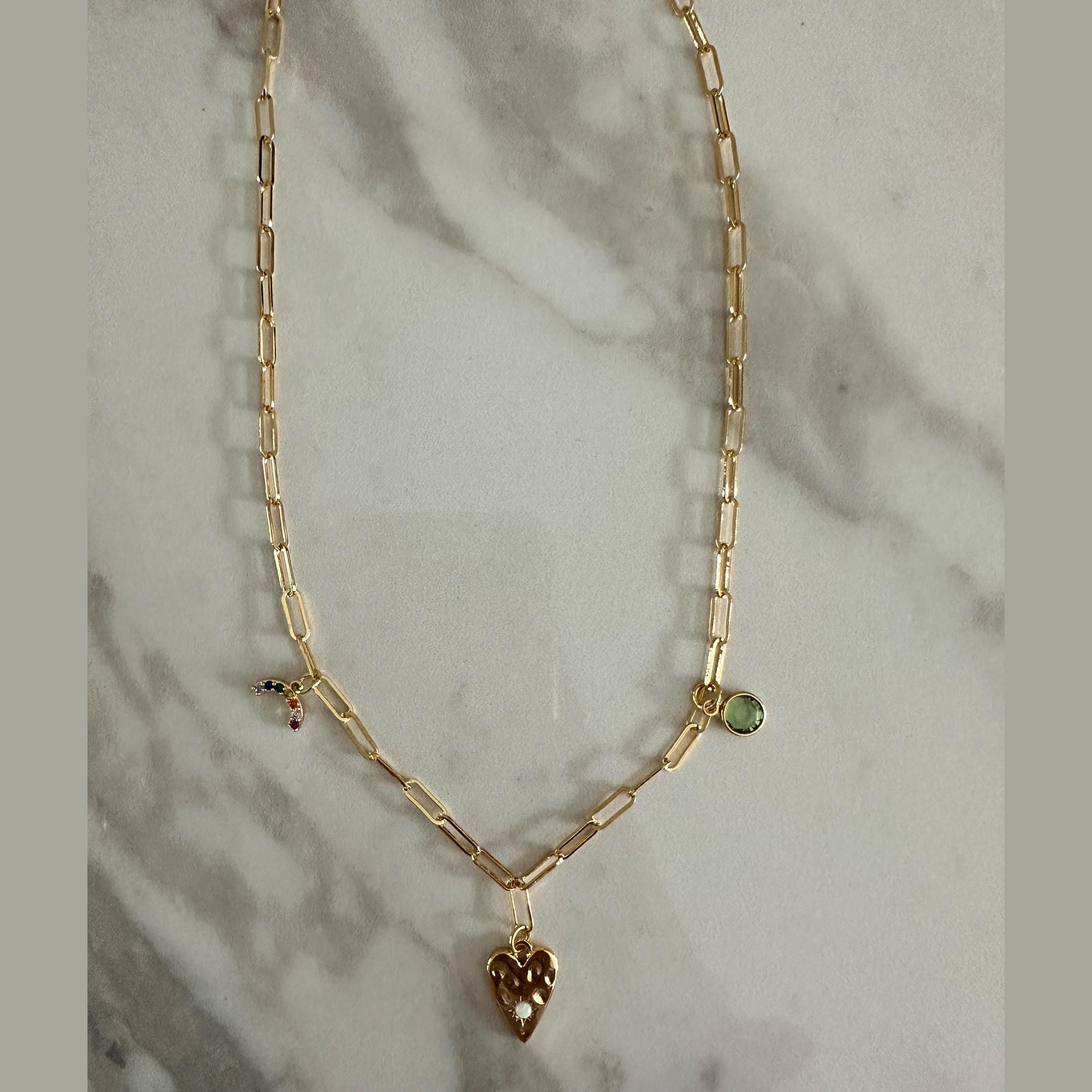 Gold Paperclip Chain Necklace: Rainbow, Heart & Green CZ Charm Valentines Day