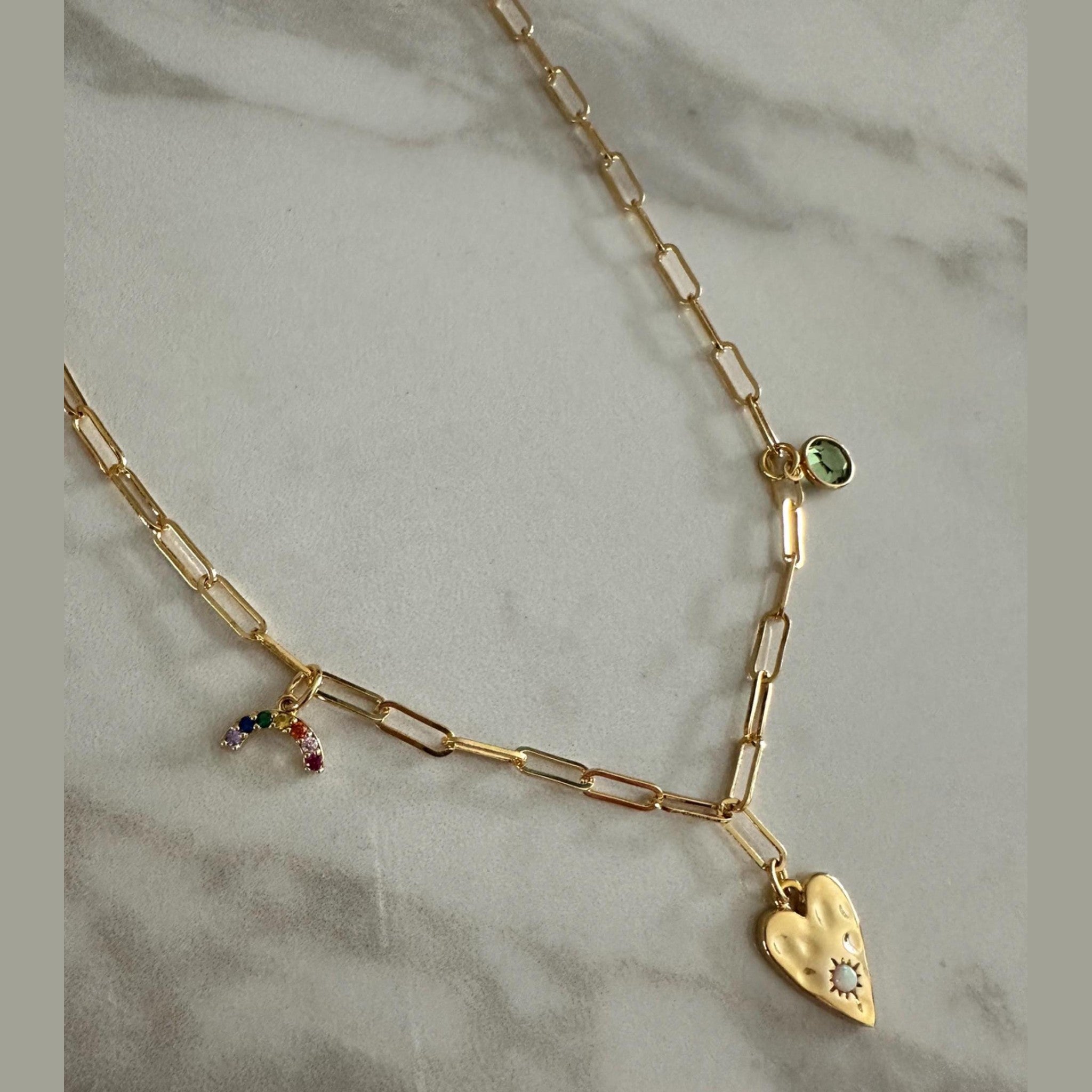 Gold Paperclip Chain Necklace: Rainbow, Heart & Green CZ Charm Valentines Day