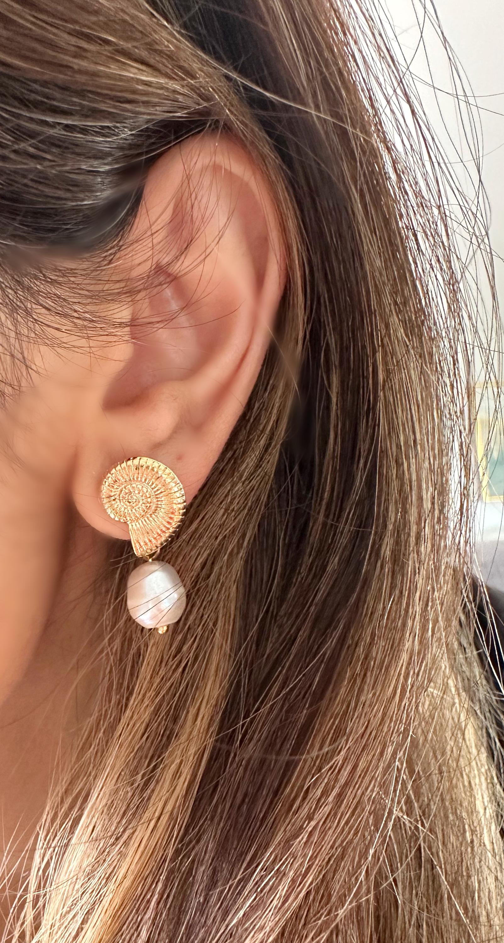 Gold Shell Dangle Earrings: Freshwater Pearl, 18k Gold Filled