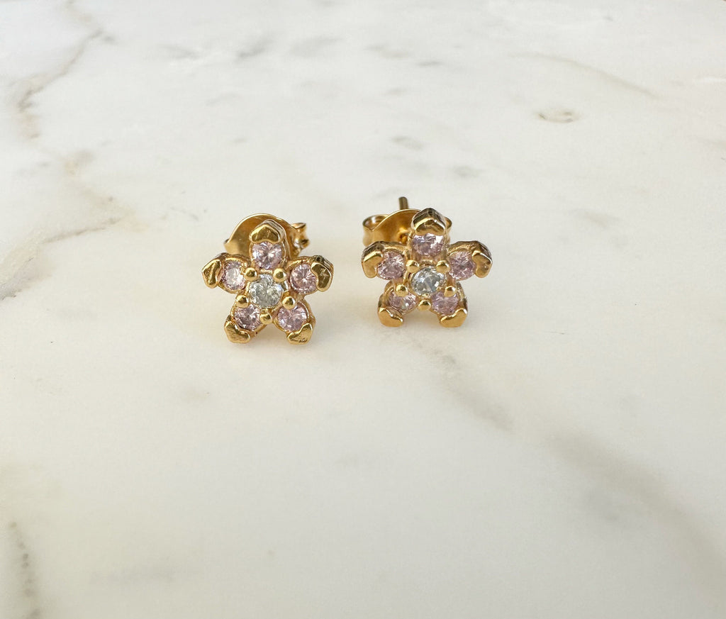 Pink Flower CZ Stud Earrings