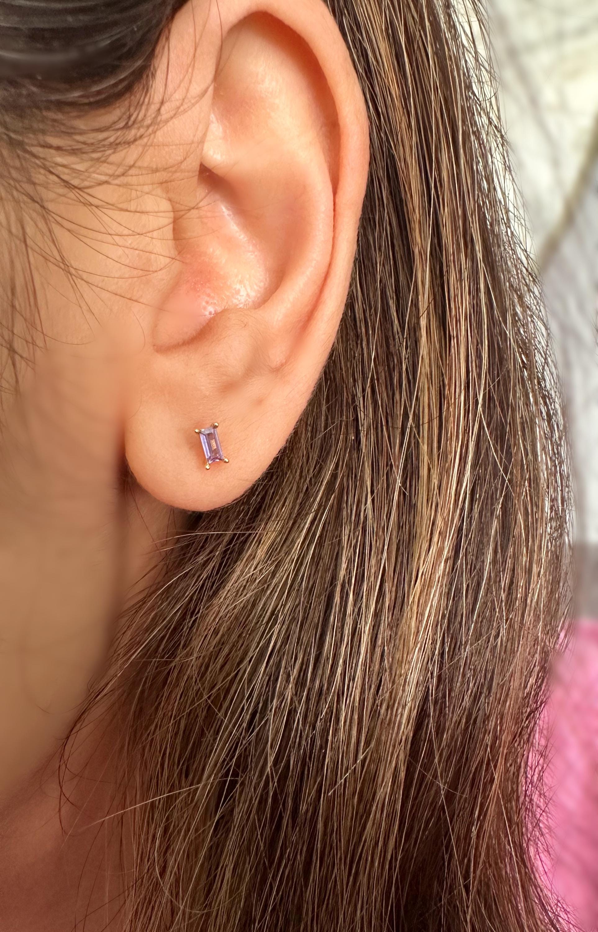Purple CZ Gold Baguette Stud Earrings, Baguette Studs