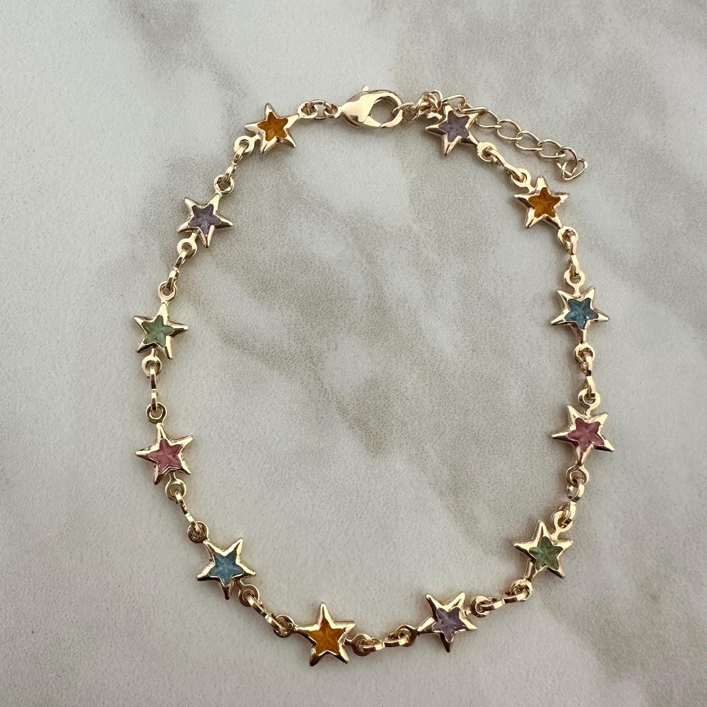 18k Gold Filled Star Bracelet: Multicolored Cubic Zirconia, Dainty Chain
