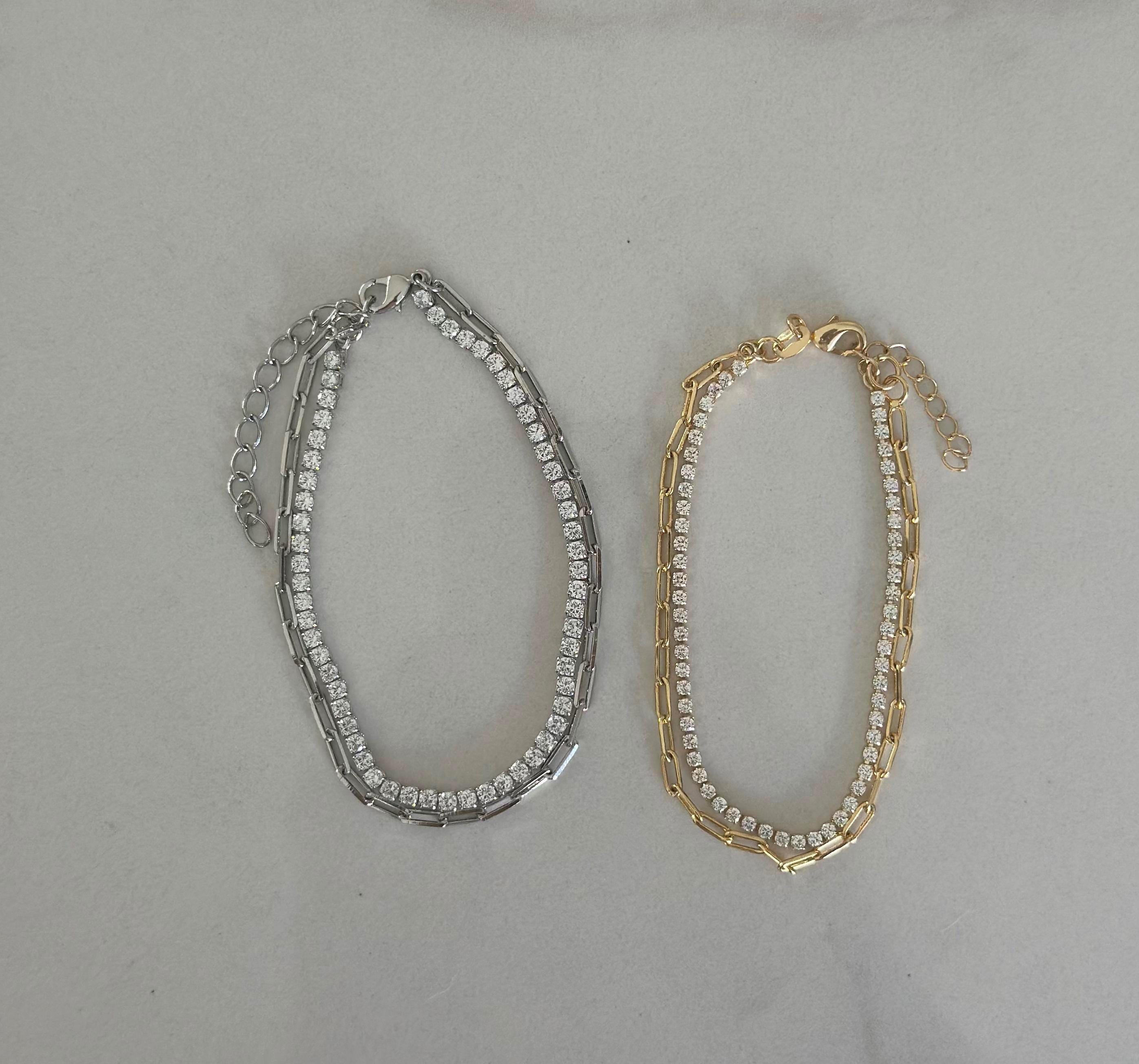 18k Gold Filled CZ Tennis Bracelet: Double Chain Layering Bracelet