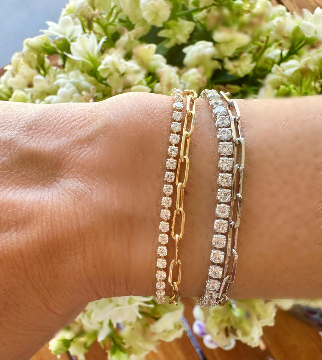 18k Rhodium Filled CZ Tennis Bracelet: Double Chain Layering Bracelet