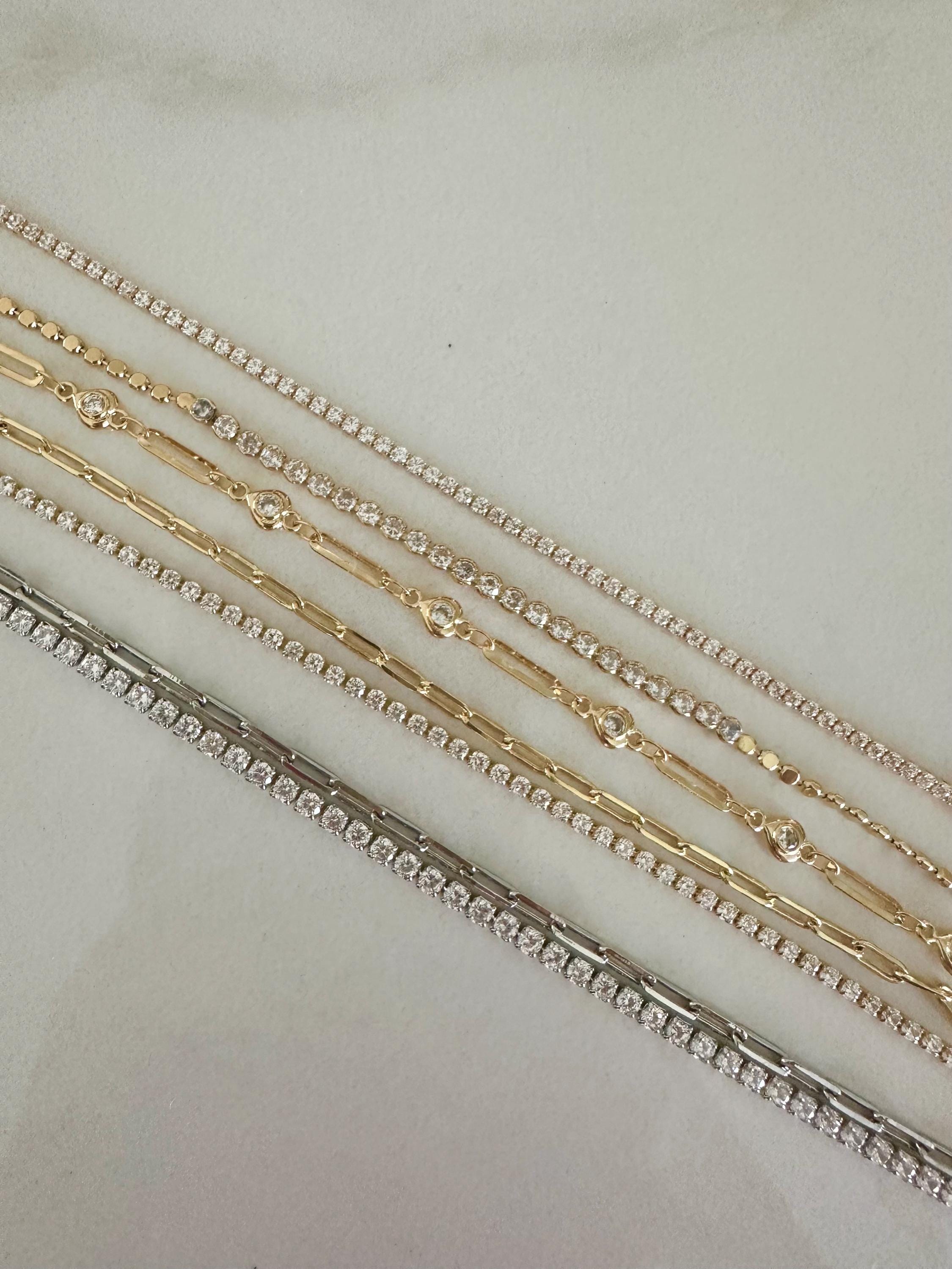 18k Rhodium Filled CZ Tennis Bracelet: Double Chain Layering Bracelet