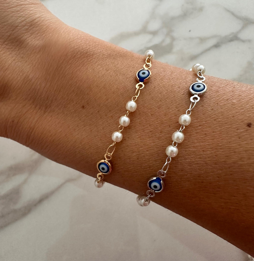 Navy Blue Evil Eye Bracelet: 18k Gold Filled Chain & Pearl