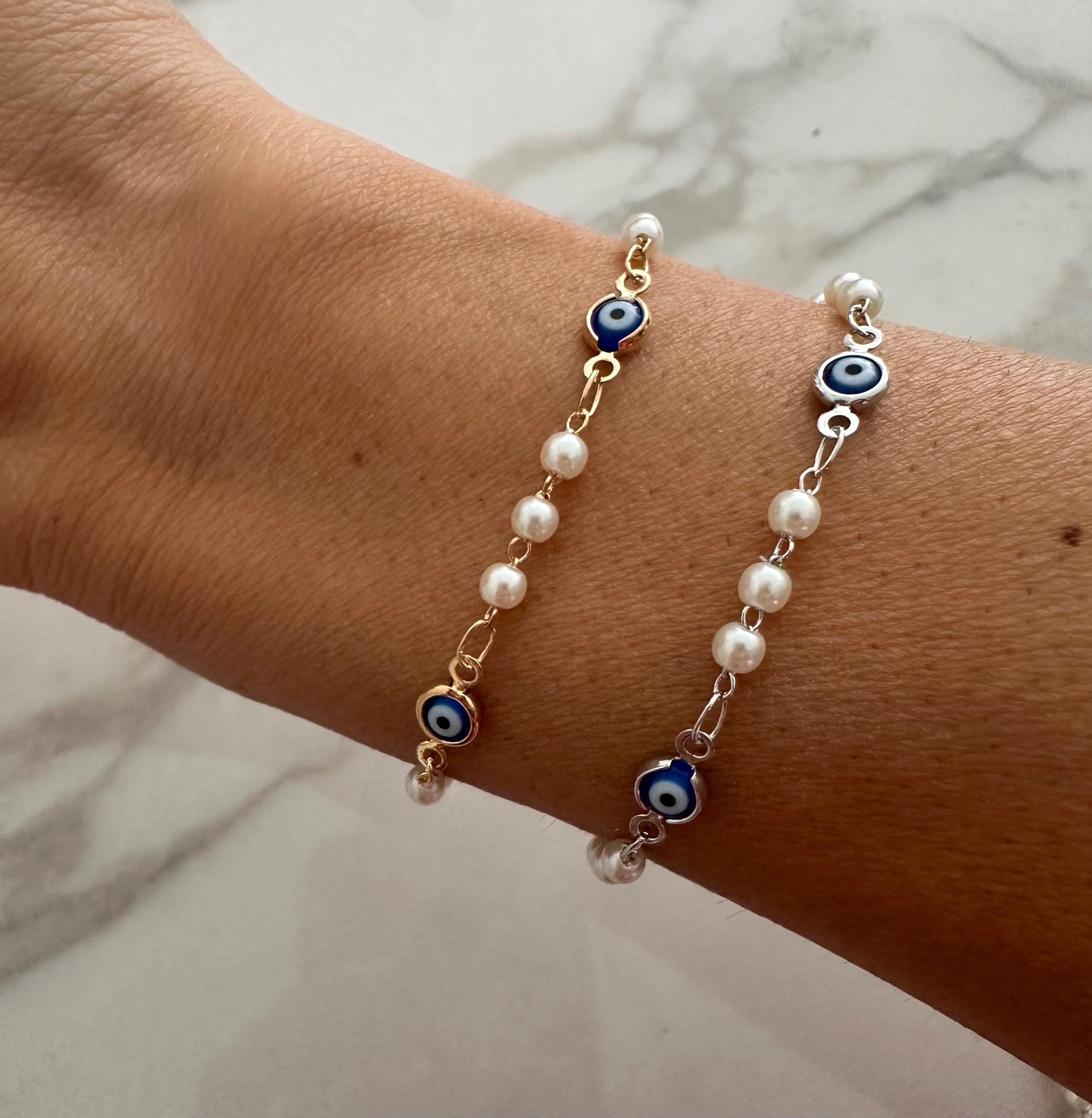 Navy Blue Evil Eye Bracelet: 18k Gold Filled Chain & Pearl