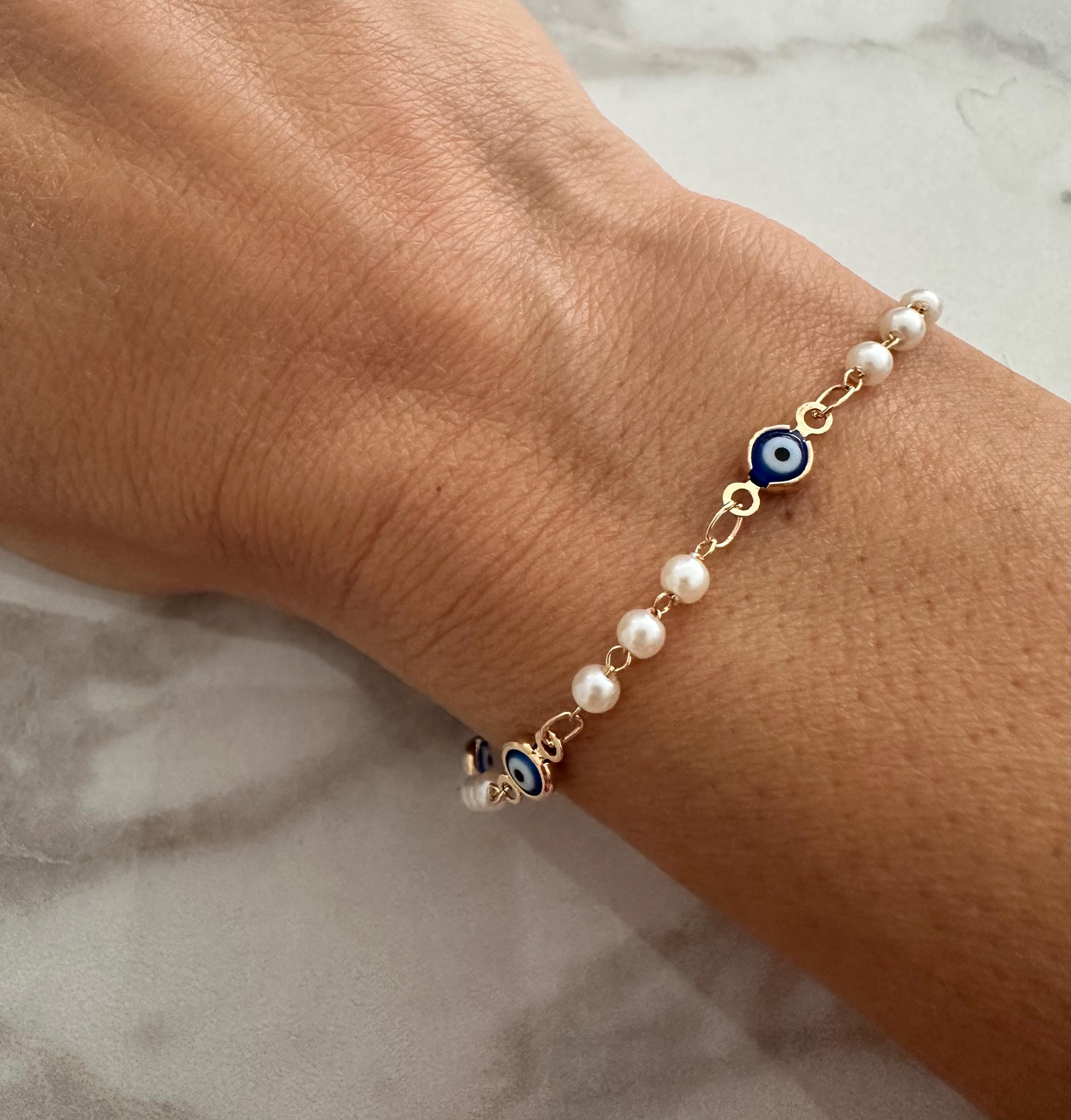 Navy Blue Evil Eye Bracelet: 18k Gold Filled Chain & Pearl