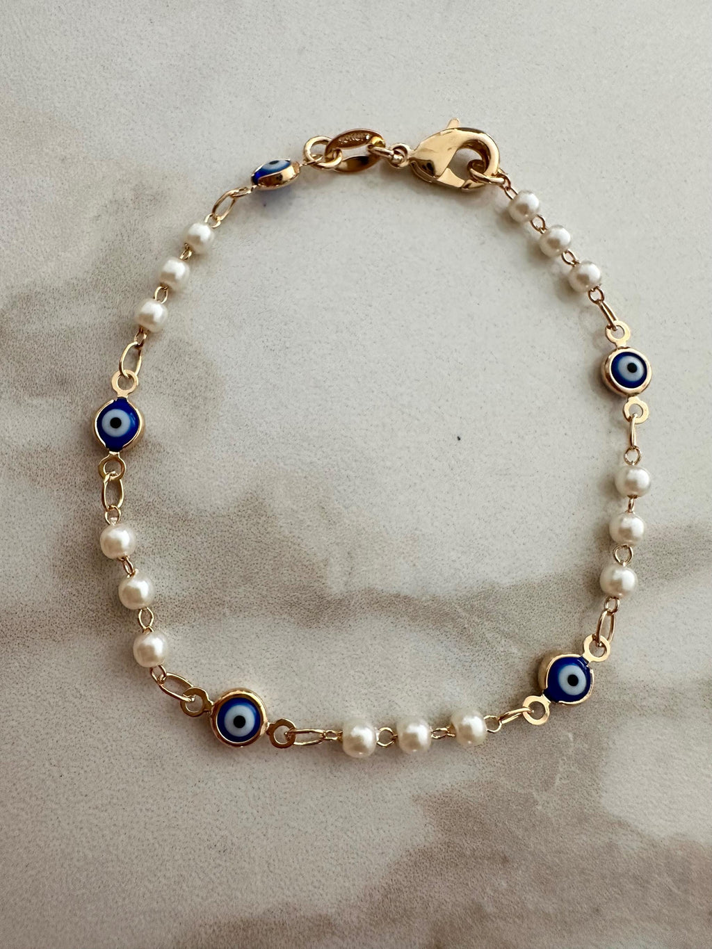 Navy Blue Evil Eye Bracelet: 18k Gold Filled Chain & Pearl