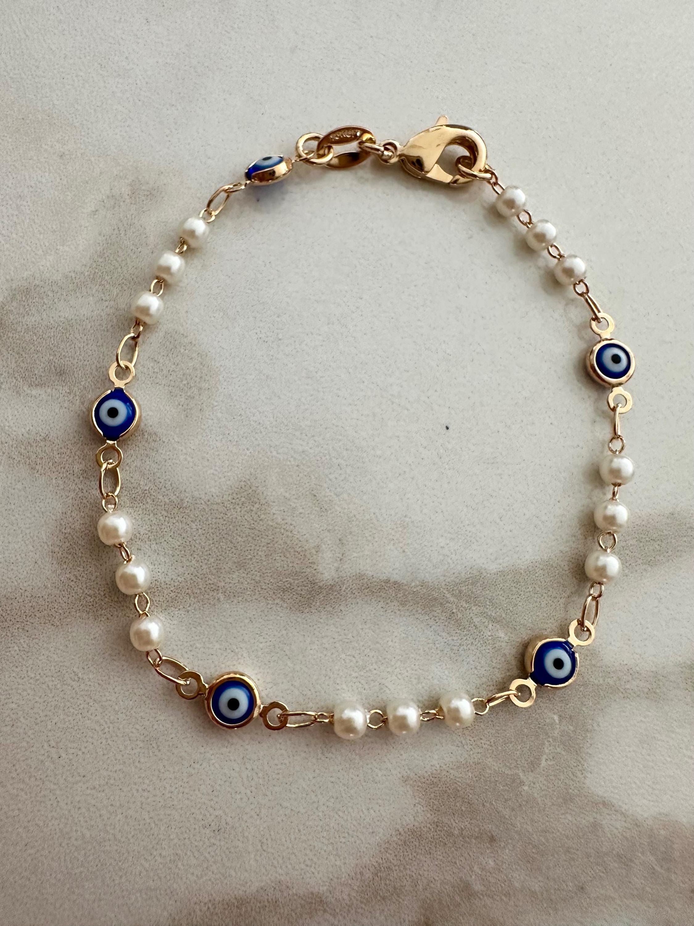 Navy Blue Evil Eye Bracelet: 18k Gold Filled Chain & Pearl