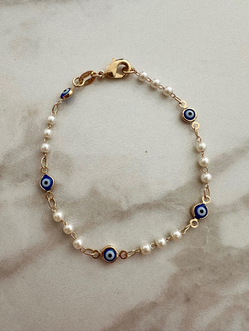 Navy Blue Evil Eye Bracelet: 18k Gold Filled Chain & Pearl
