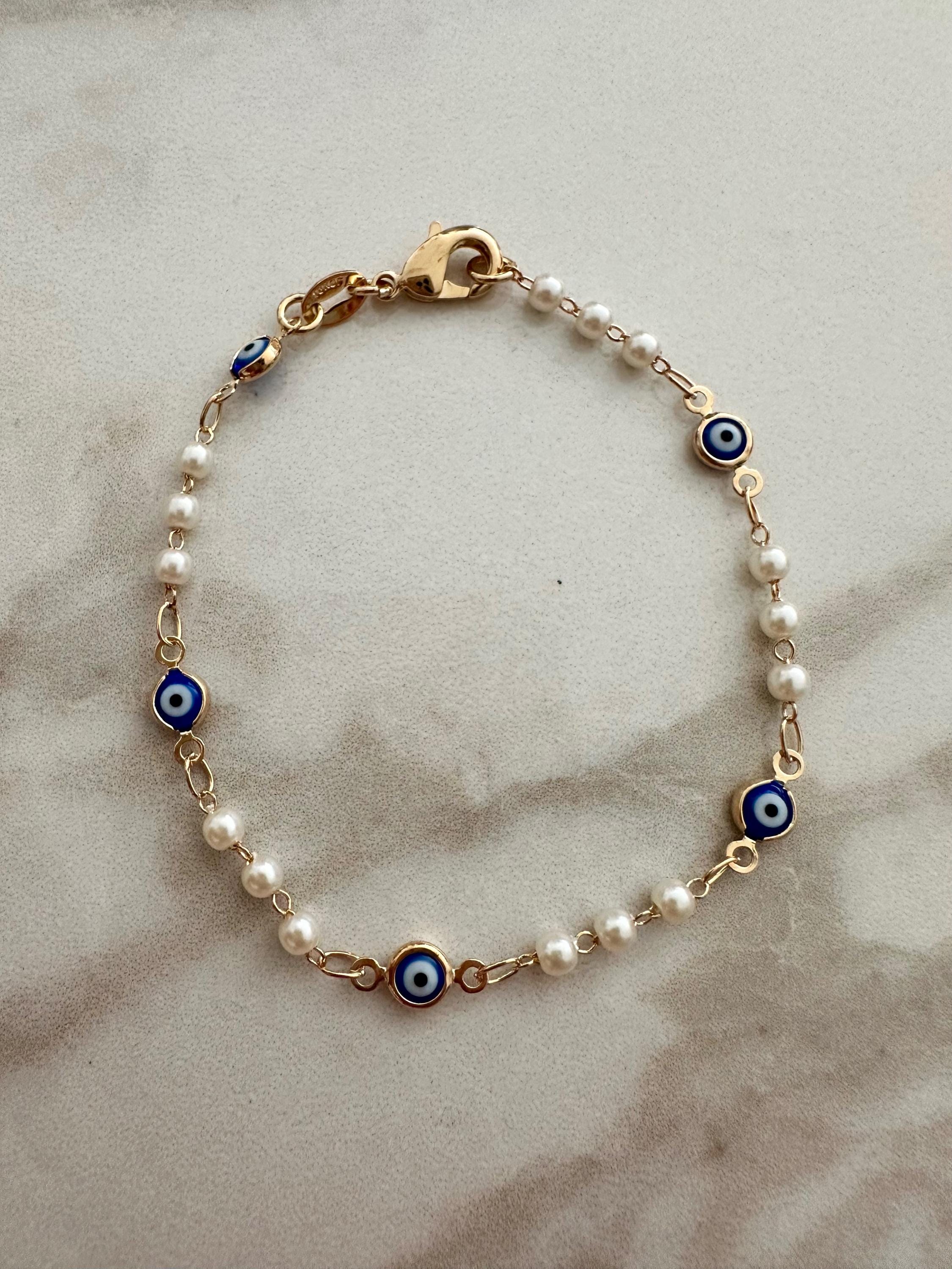 Navy Blue Evil Eye Bracelet: 18k Gold Filled Chain & Pearl