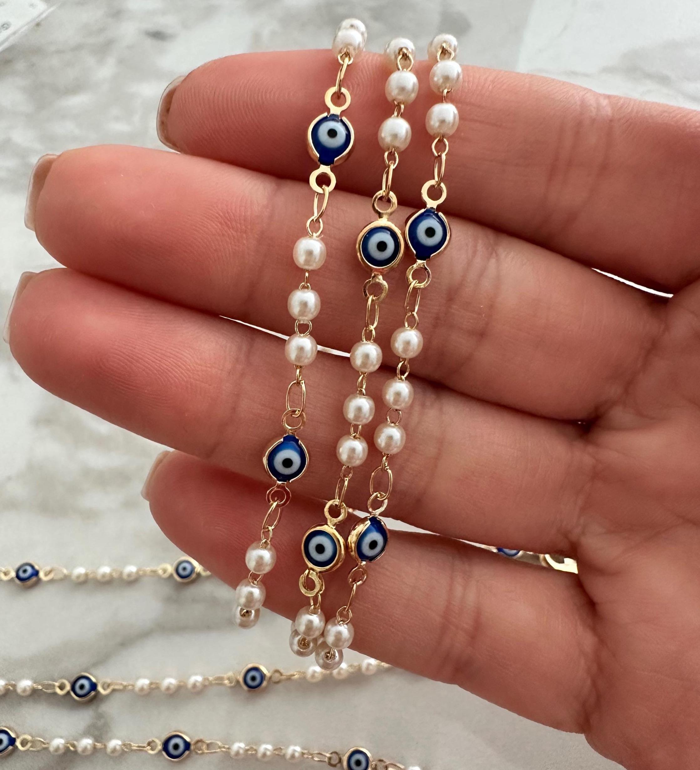 Navy Blue Evil Eye Bracelet: 18k Gold Filled Chain & Pearl