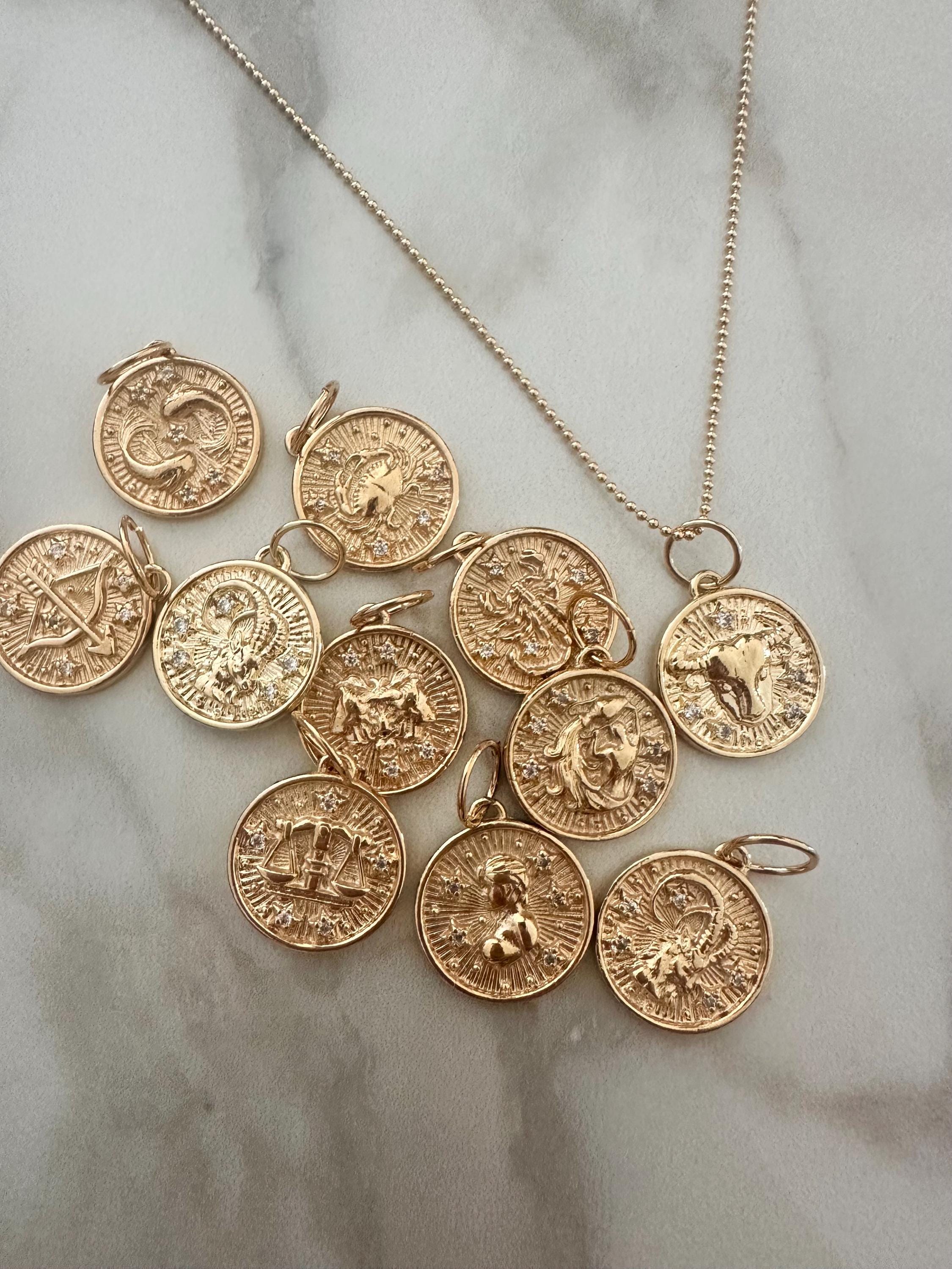 18k Gold Filled CZ Zodiac Medallion Necklace: Personalized Ball Chain