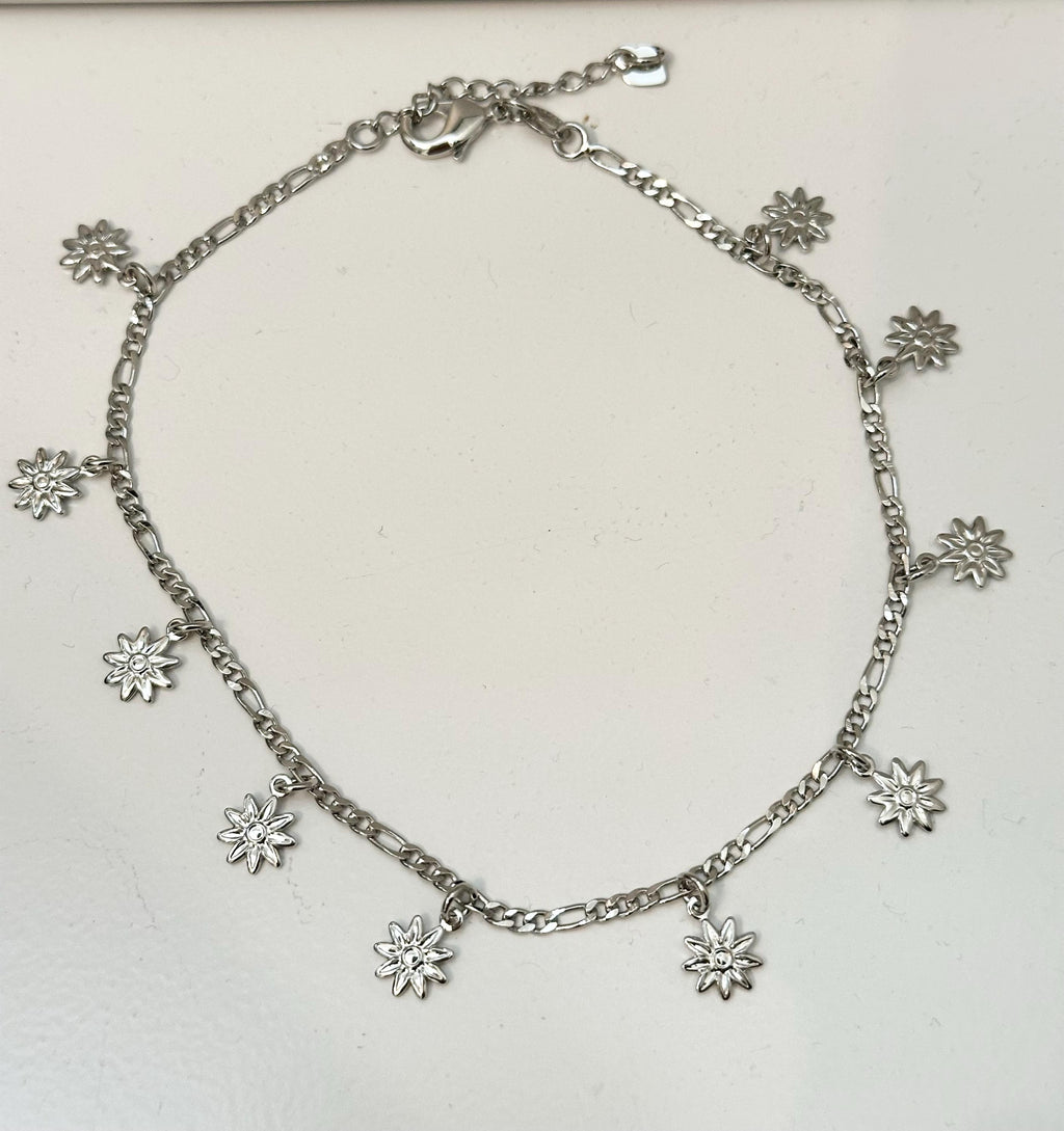 18k Rhodium Gold Filled Daisy Anklet: Figaro Chain Summer Jewelry
