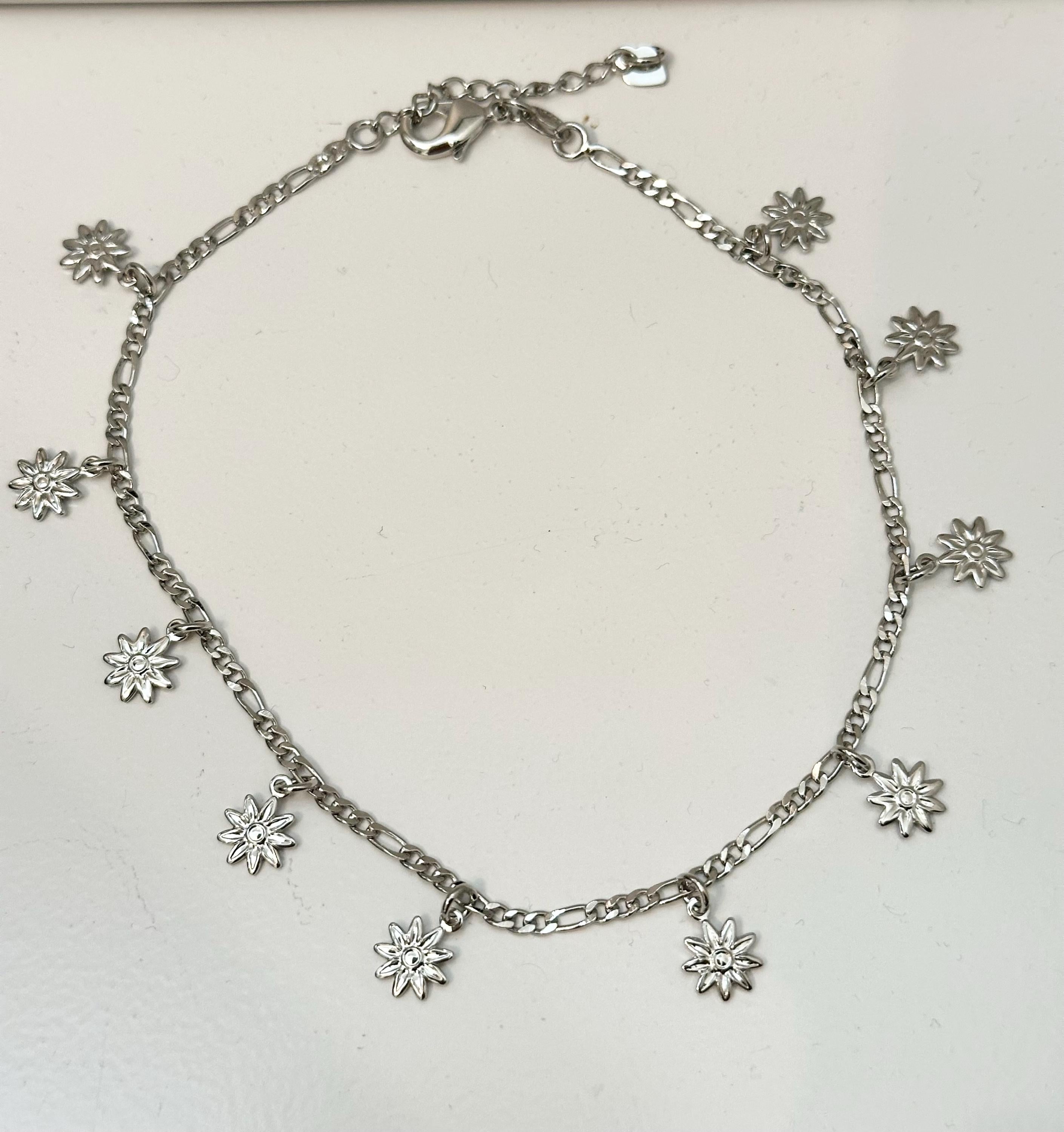 18k Rhodium Gold Filled Daisy Anklet: Figaro Chain Summer Jewelry