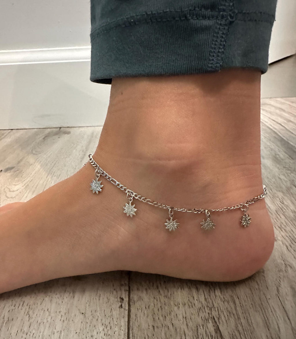 18k Rhodium Gold Filled Daisy Anklet: Figaro Chain Summer Jewelry