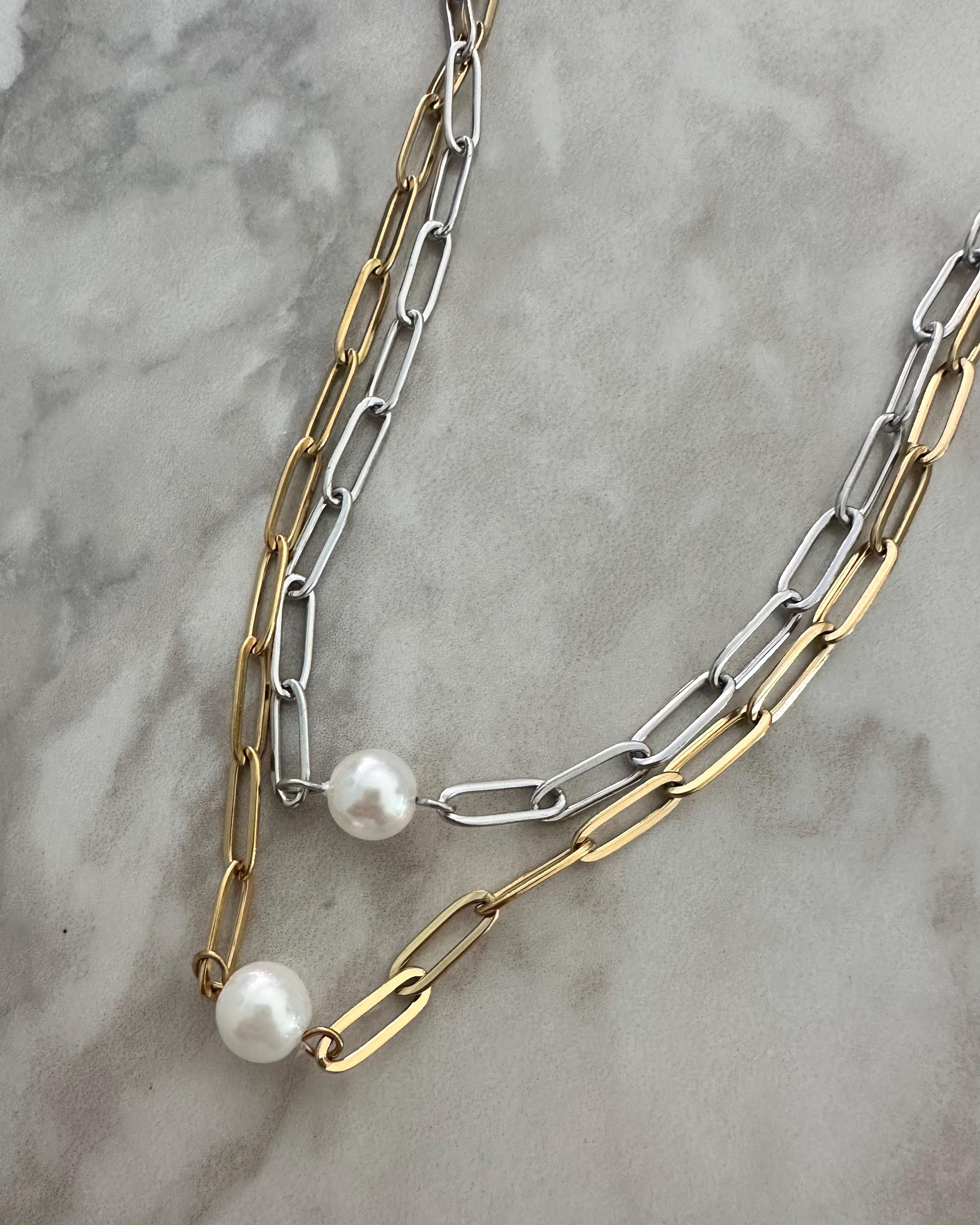 Pearl and Gold Paperclip Chain Necklace